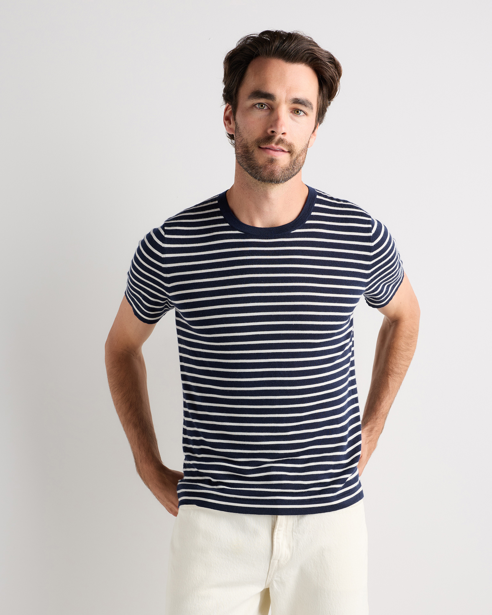 Navy/White 100% Superfine Mongolian Cashmere Tee