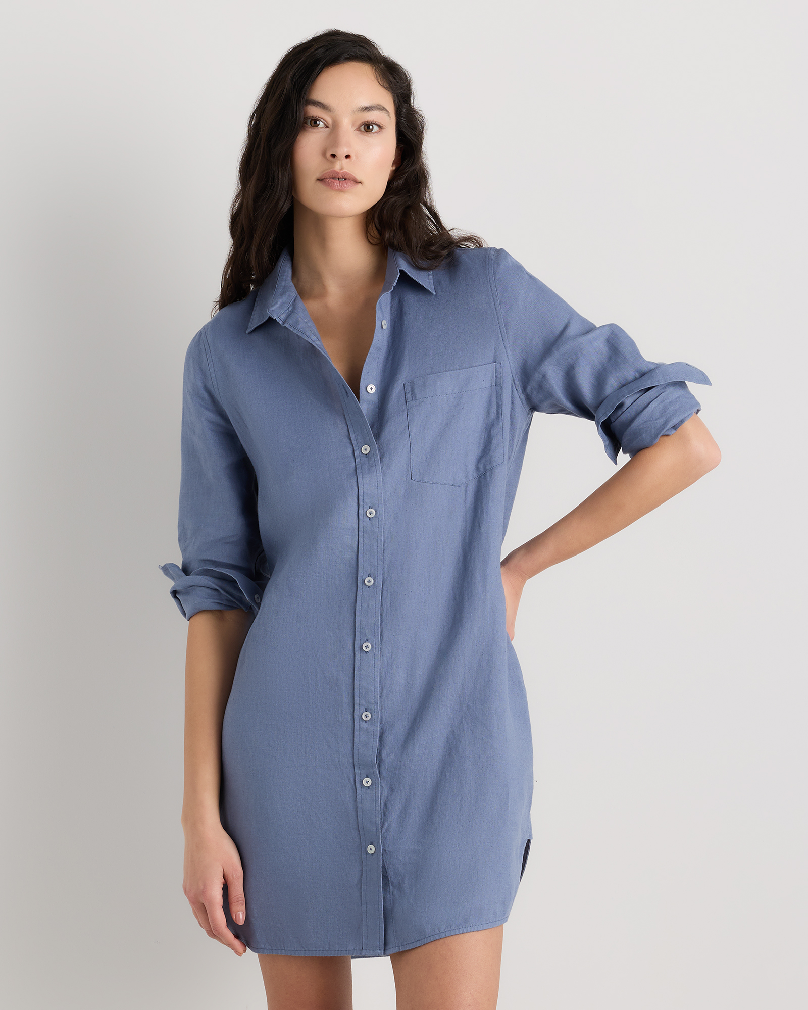 Moonstone Blue 100% European Linen Shirt Dress