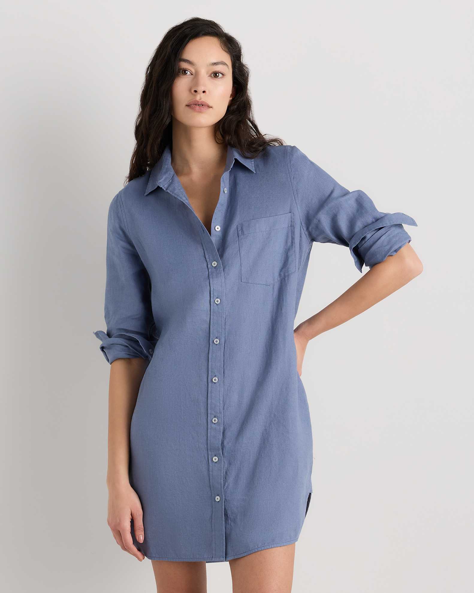 100% European Linen Shirt Dress in Moonstone Blue 100% European Linen Shirt Dress in Moonstone Blue