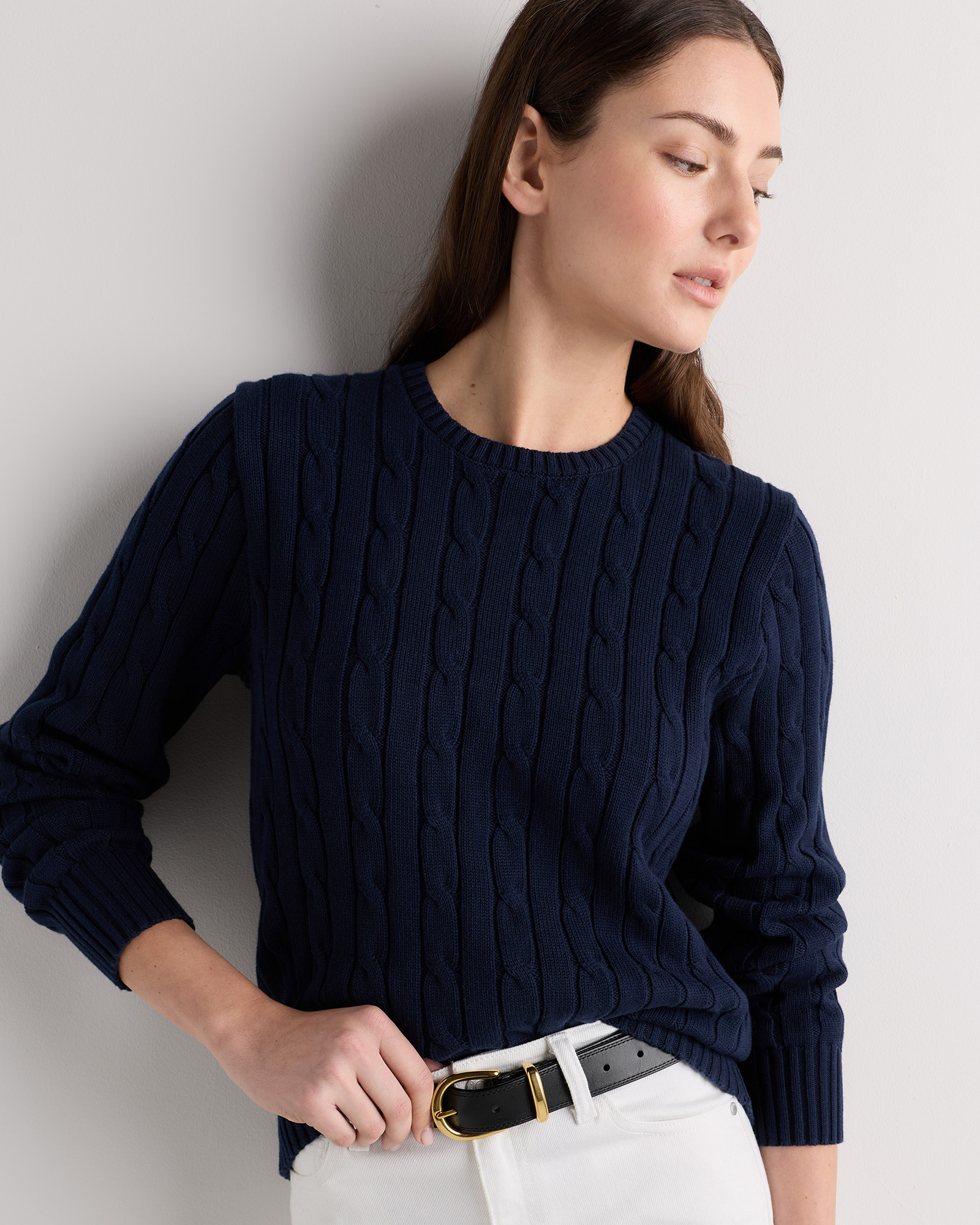Navy 100% Organic Cotton Cable Crewneck Sweater