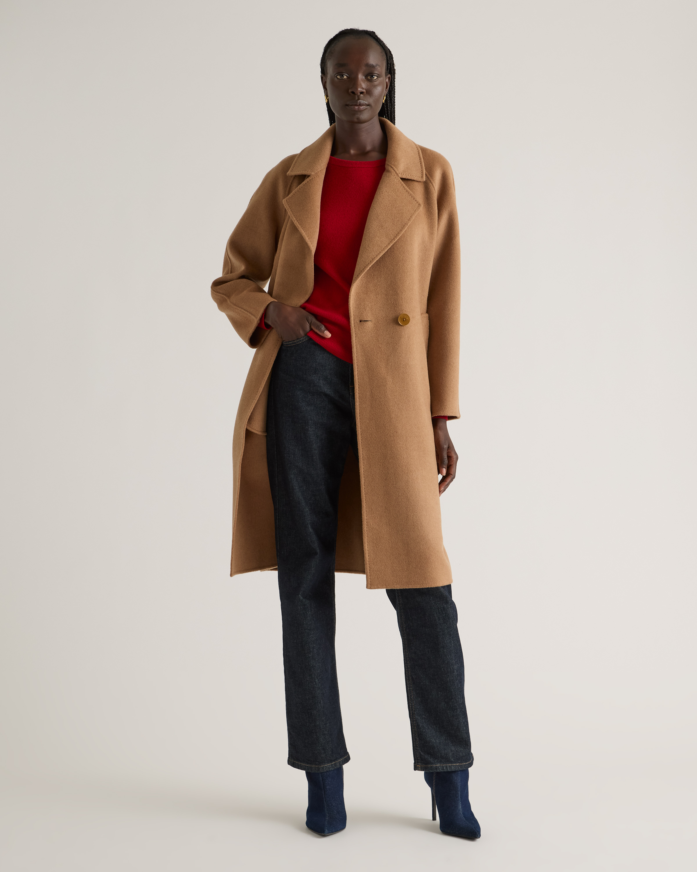 Double-Faced Merino Wool Notched Lapel Coat in Caramel