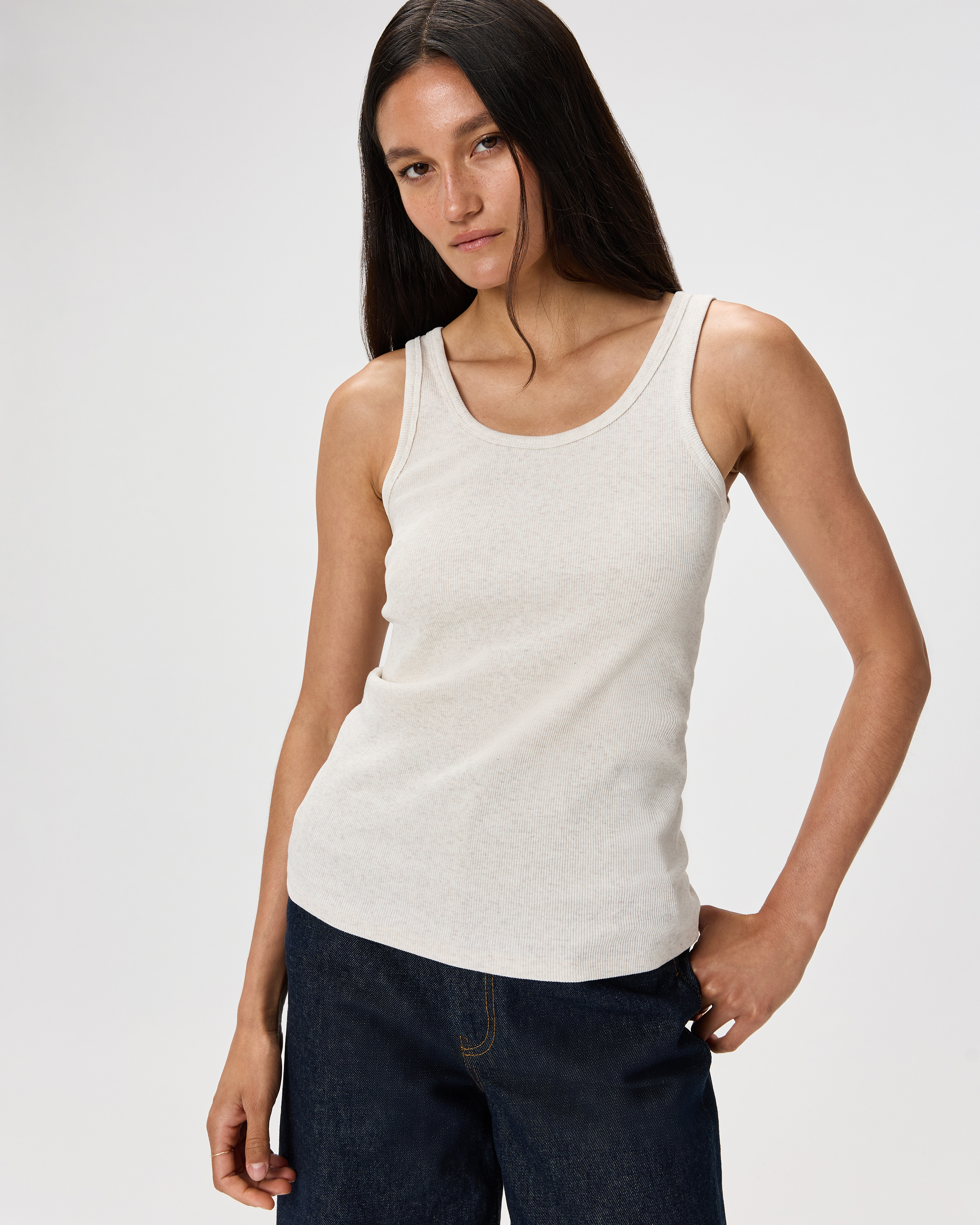 Heather Oatmeal Organic Cotton Micro-Rib Scoop Neck Tank