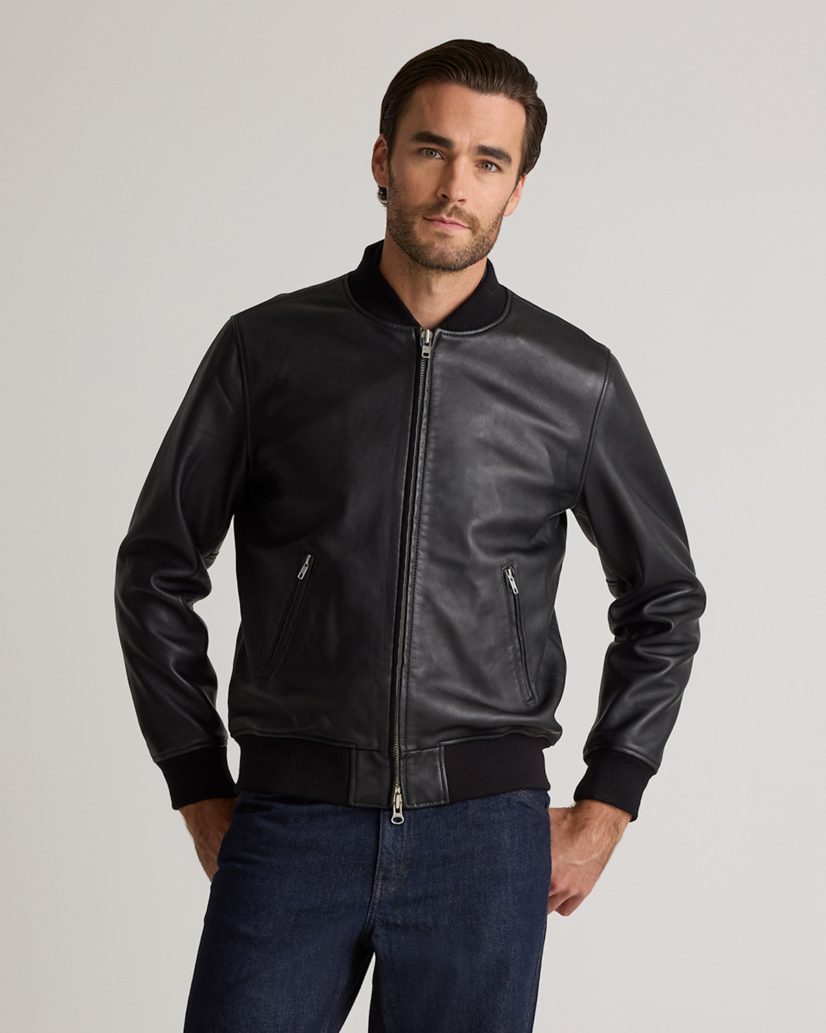 Quince Men's 100% Washed Leather Bomber Jacket in Black