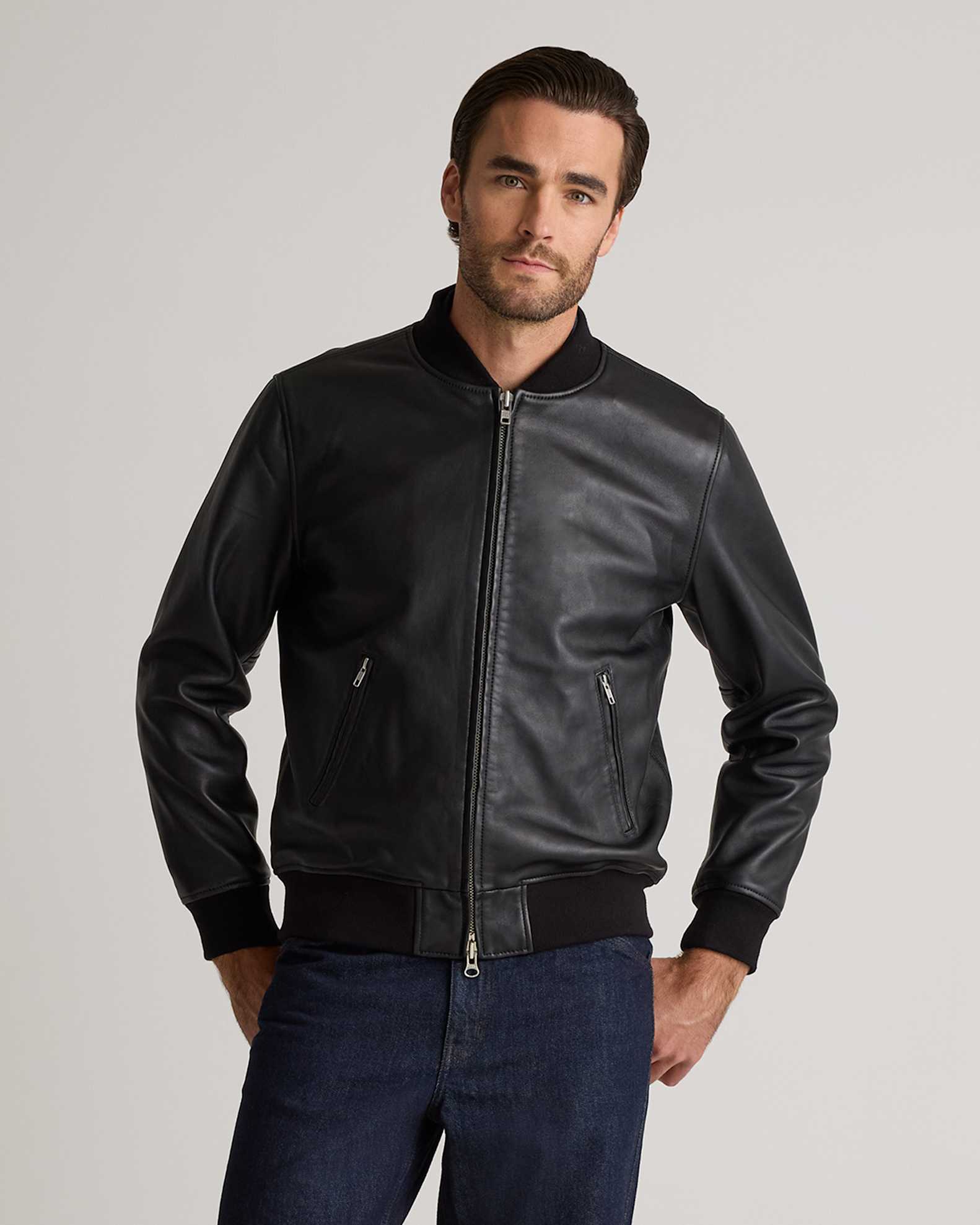 Men's 100% Washed Leather Bomber Jacket - Main Image