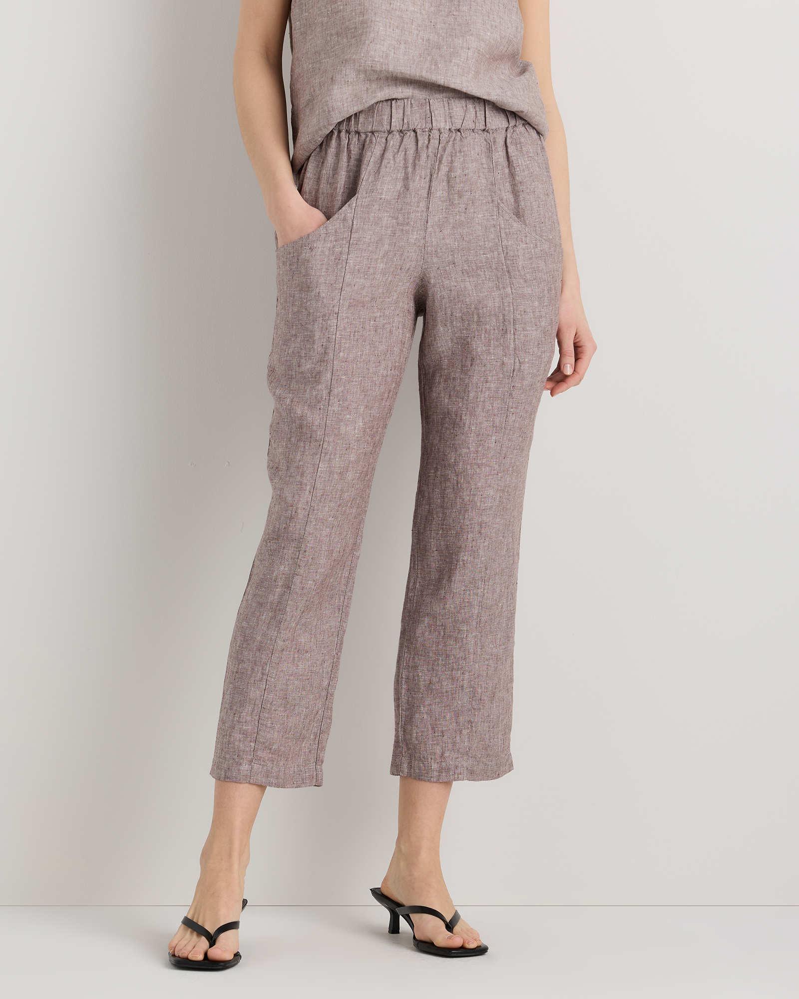 Taupe Brown Chambray 100% European Linen Tapered Ankle Pants