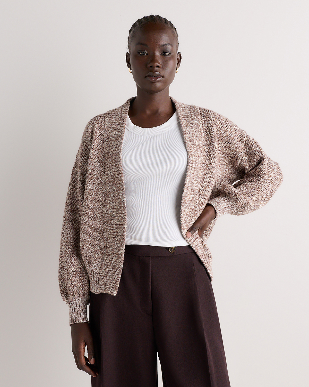 Warm Taupe Marl Cardigan ouvert en tricot gaufré 100% coton biologique