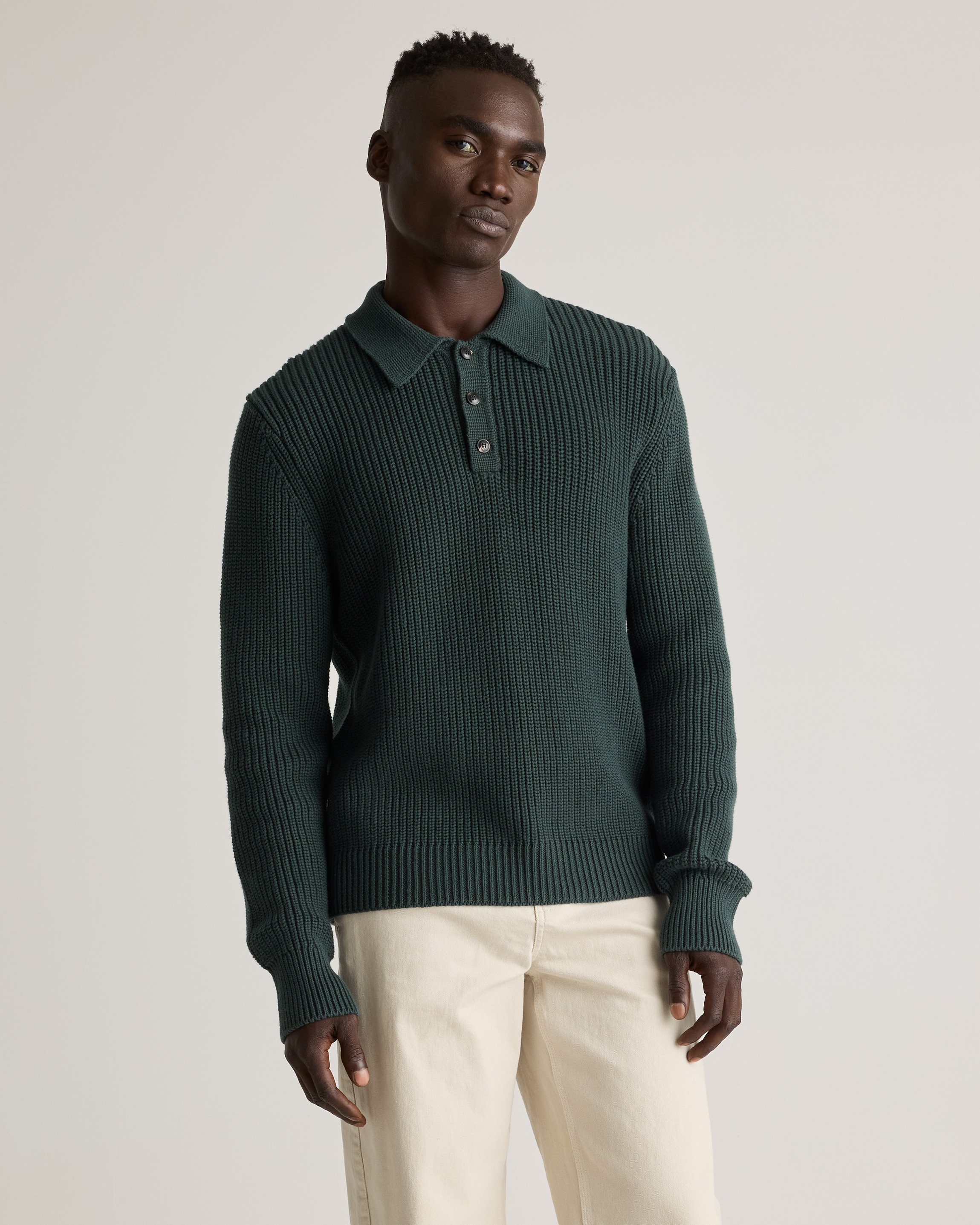 Quince Men's Fisherman Polo Sweater In Dark Spruce