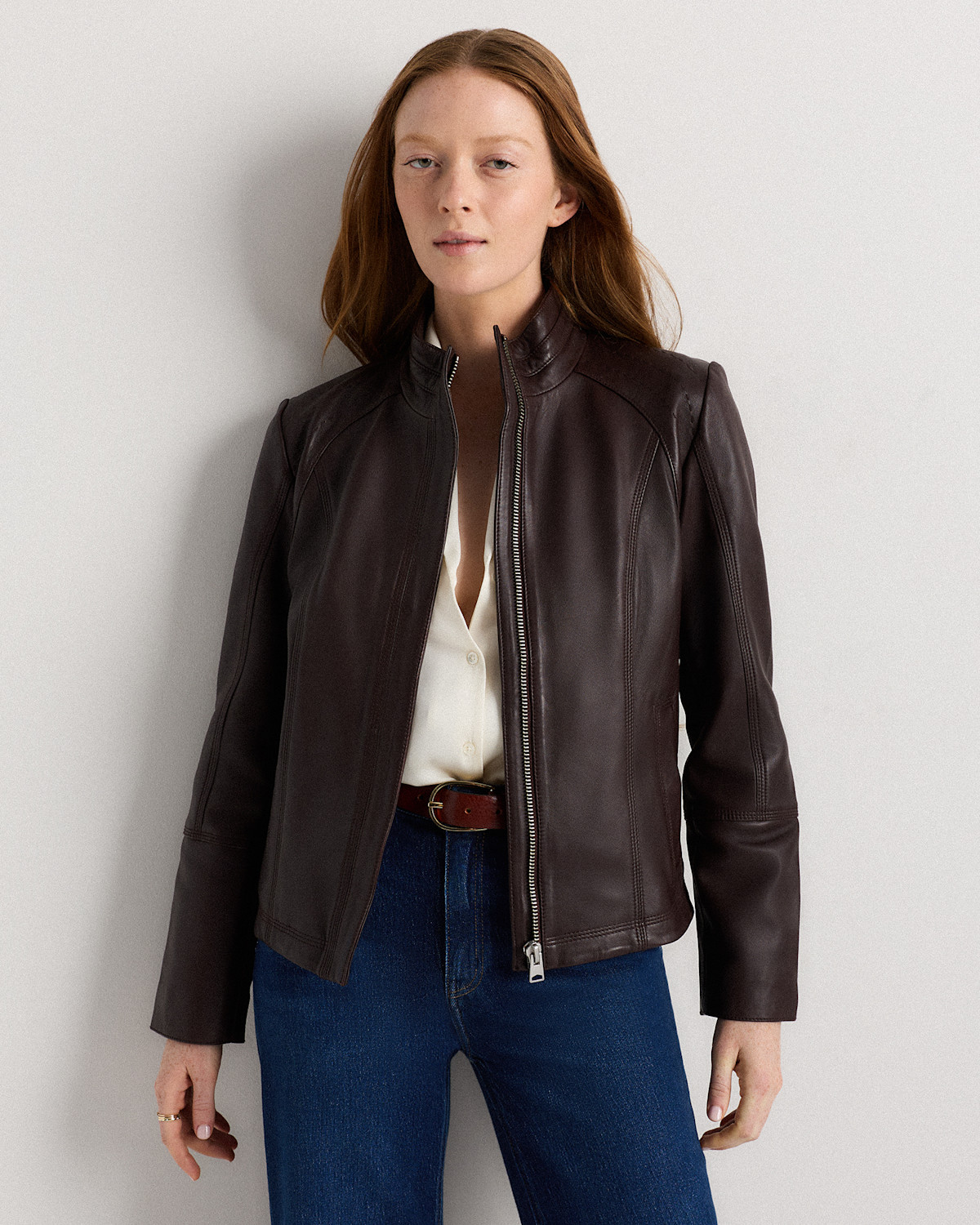 Quince 100% Leather Stand-Collar Jacket in Rich Brown