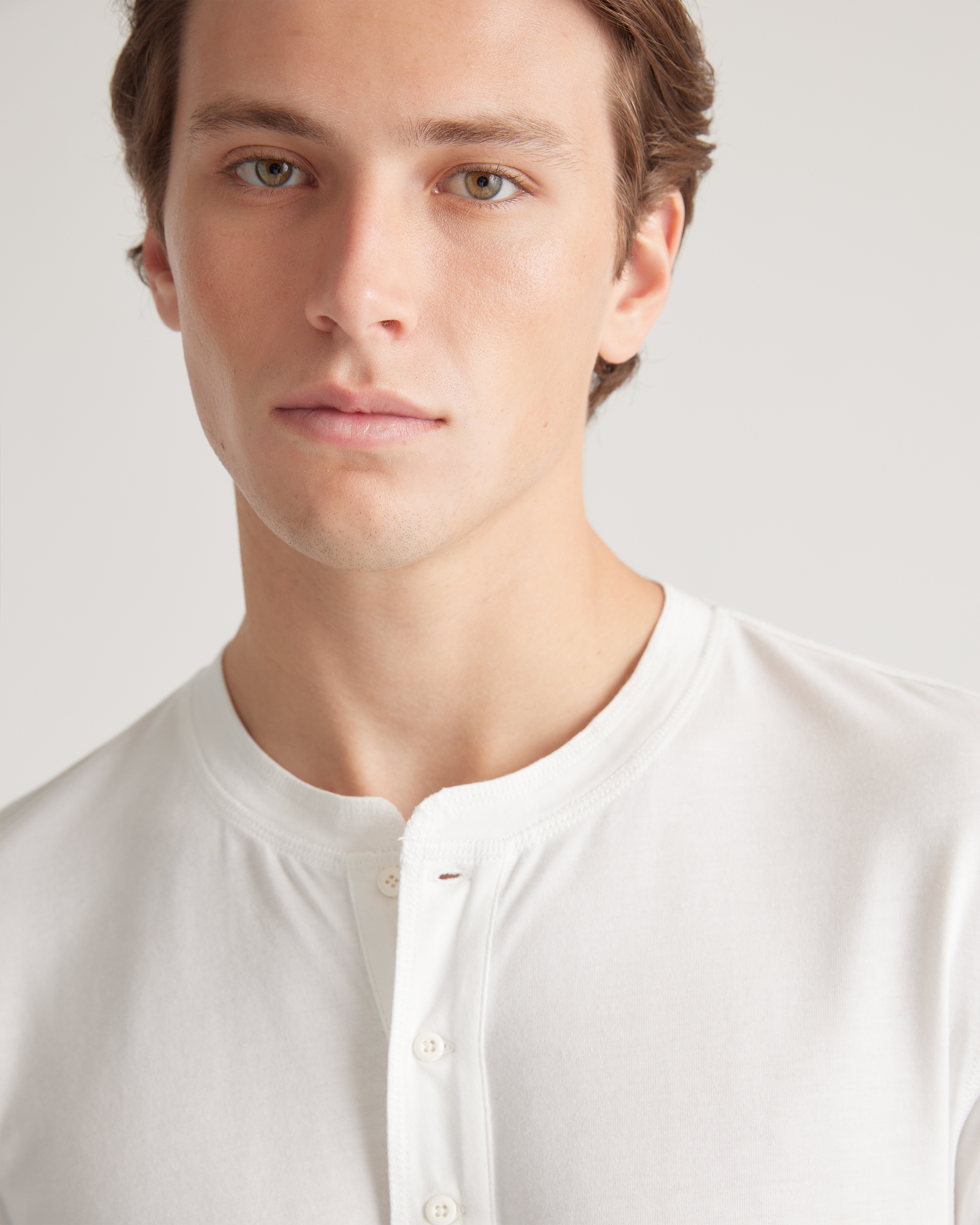 【THE MUSEUM VISITOR】 CHECK MIXED HENLEY NECK T-SHIRT WHITE Merz b. Schwanen 206 Henley Long Sleeve - White - Franklin & Poe