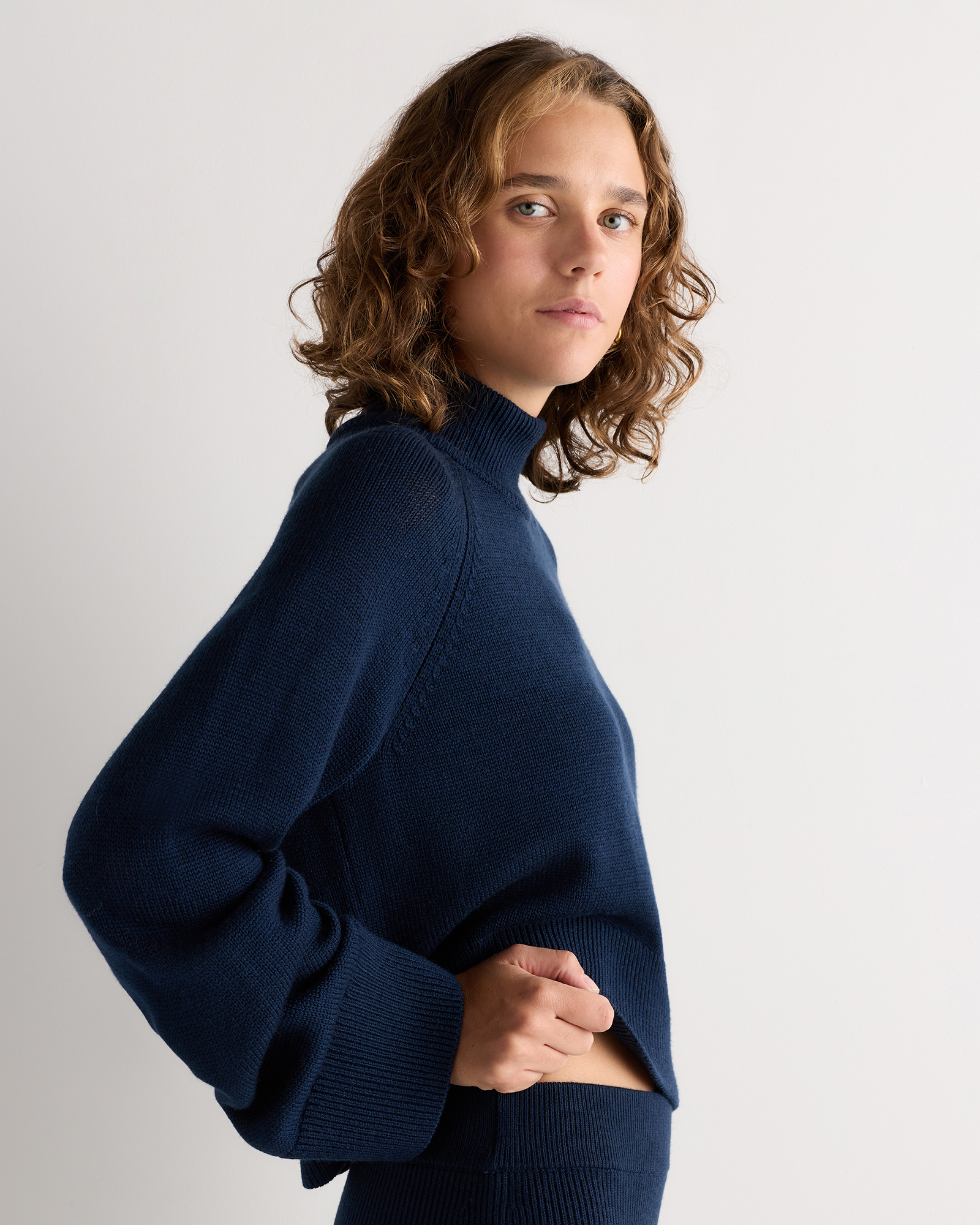 Australian Merino Wool Cropped Mock Neck Sweater in Riviera Navy