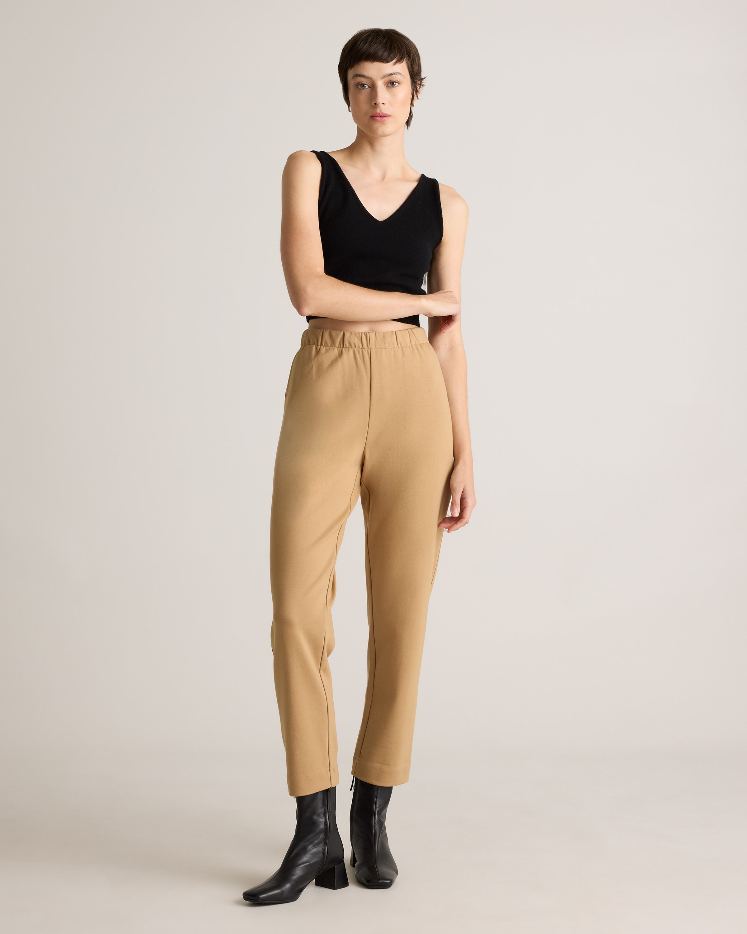 Organic Cotton Double Knit Straight Pants in Soft Camel