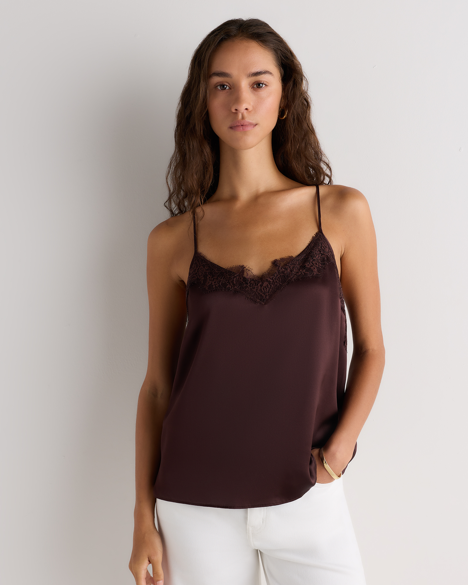 Chocolate Plum Brown Camisole 100 % soie lavable à garniture en dentelle