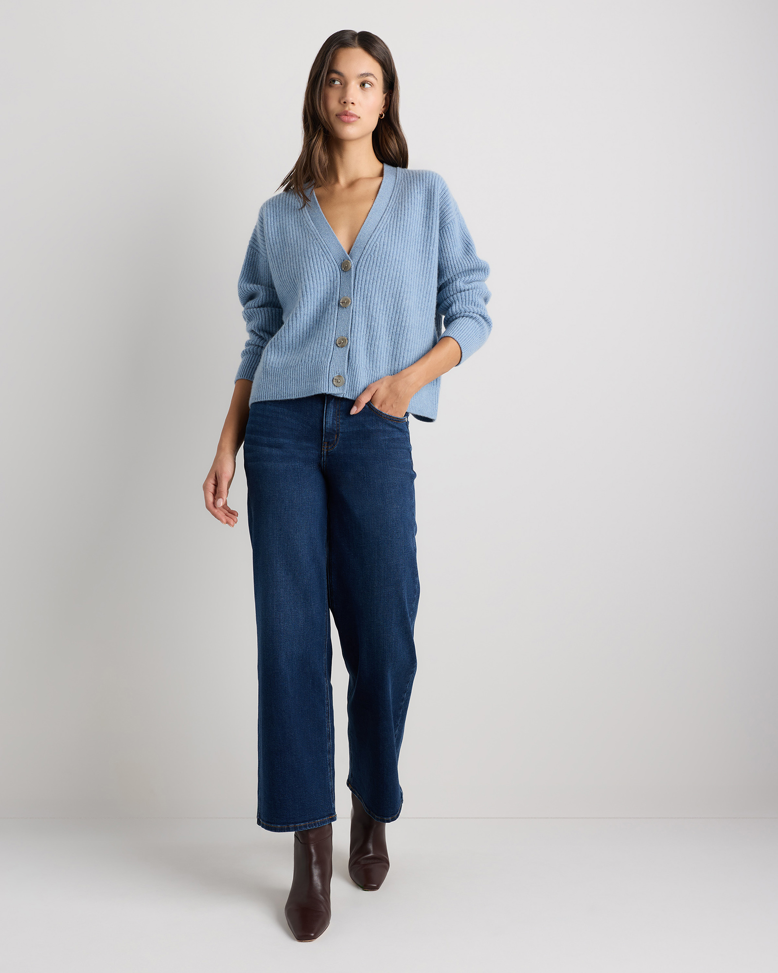 Mongolian Cashmere Fisherman Cropped Boxy Cardigan Sweater