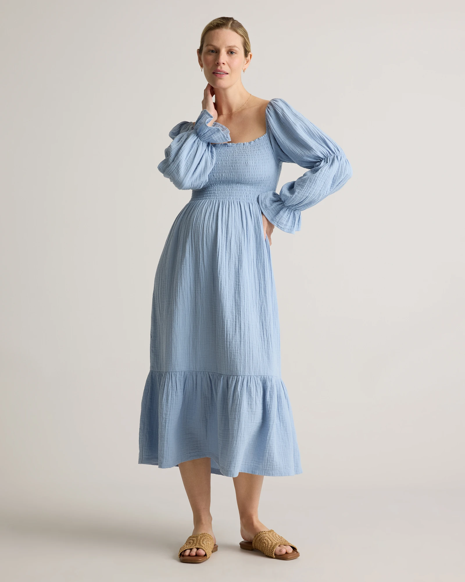 100% Organic Cotton Gauze Maternity Smocked Midi Dress