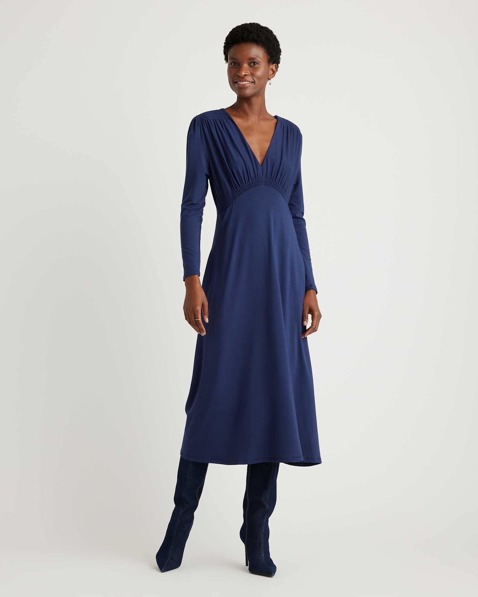 Tencel Jersey V-Neck Long Sleeve Midi Dress in Navy Tencel Jersey V-Neck Long Sleeve Midi Dress in Navy