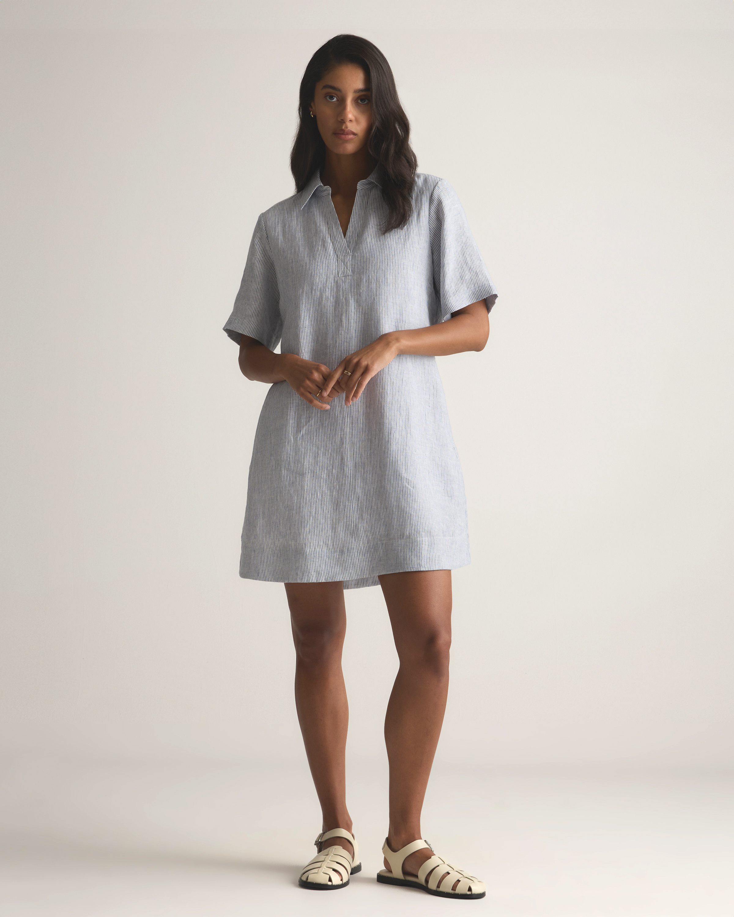 Blue Pinstripe 100% European Linen Popover Mini Dress