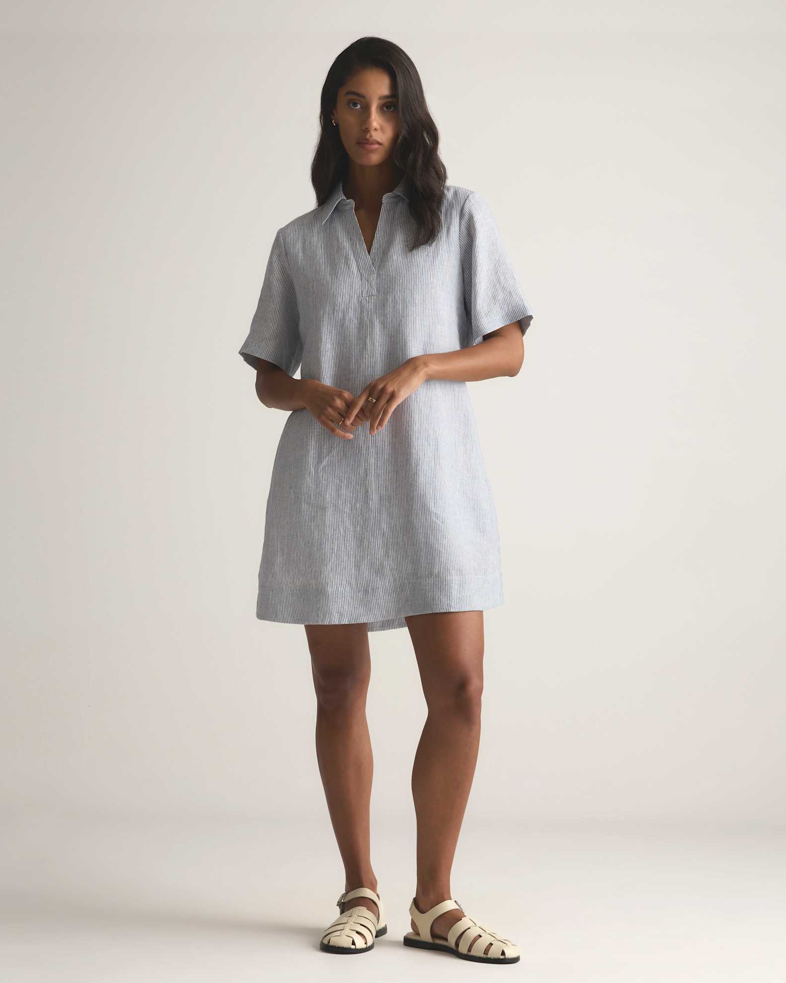 100% European Linen Popover Mini Dress in Blue Pinstripe 100% European Linen Popover Mini Dress in Blue Pinstripe