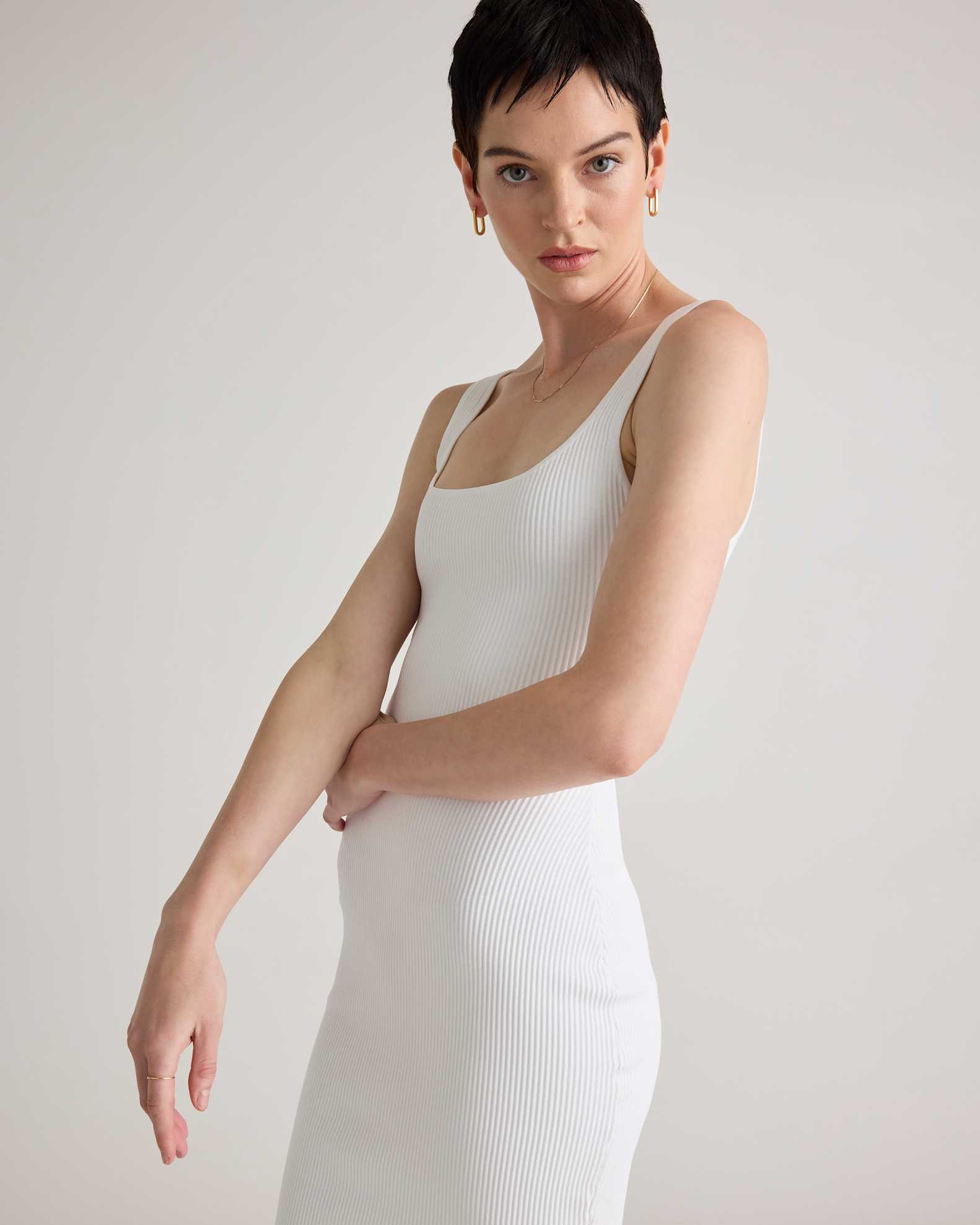 Square Neck Ribbed Knit Mini Dress in White Square Neck Ribbed Knit Mini Dress in White
