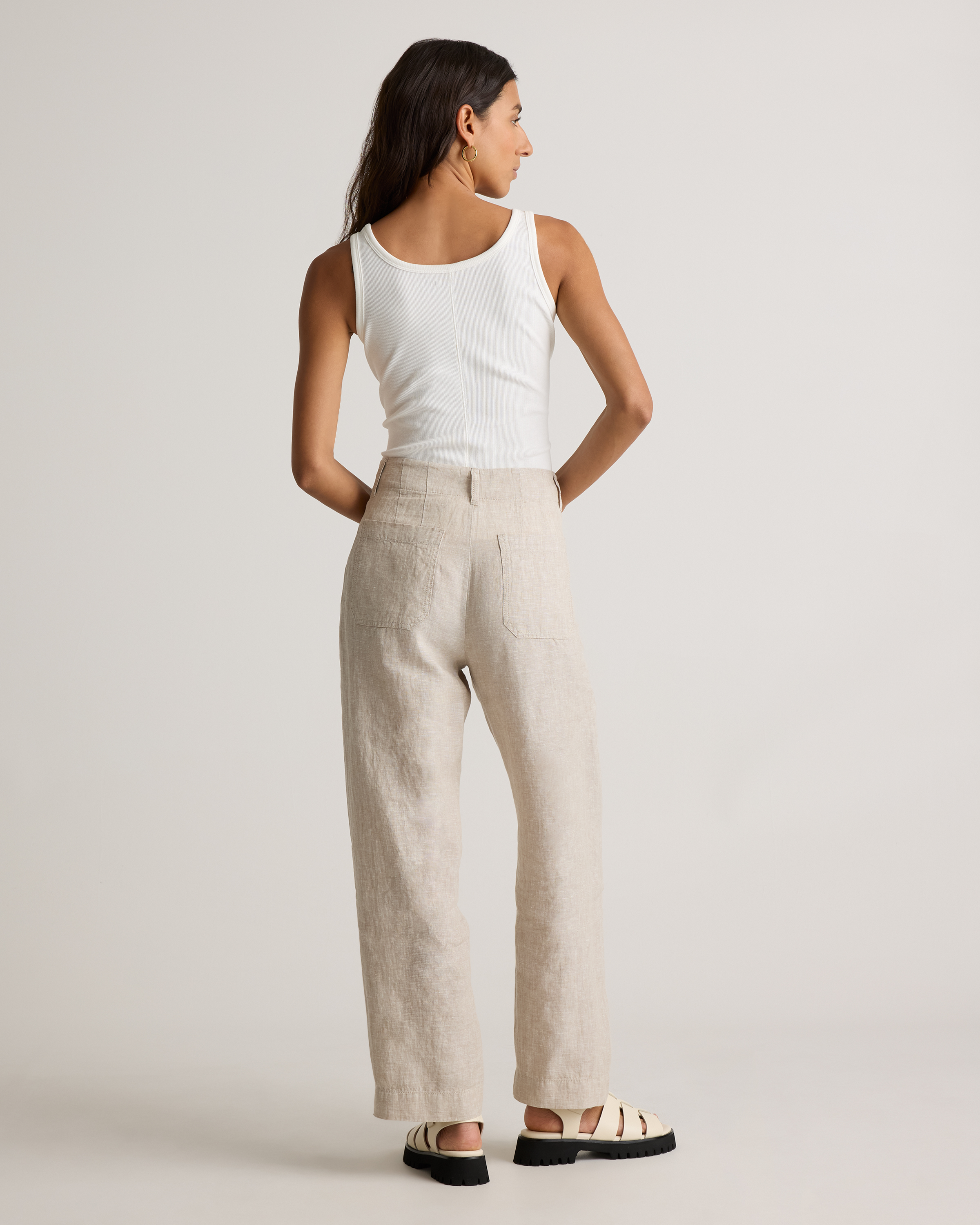 100% European Linen Patch Pocket Wide Leg Pants in Flax