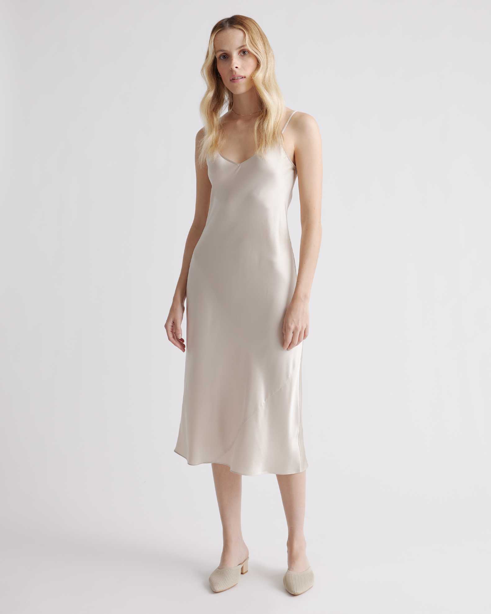 Quince Women's Washable 100% Mulberry Silk Slip Dress, XS, Champagne - Midi Length, Bias Cut, Satin Finish, Hypo-allergenic, Thermoregulating Quince Women's Washable 100% Mulberry Silk Slip Dress, XS, Champagne - Midi Length, Bias Cut, Satin Finish, Hypo-allergenic, Thermoregulating