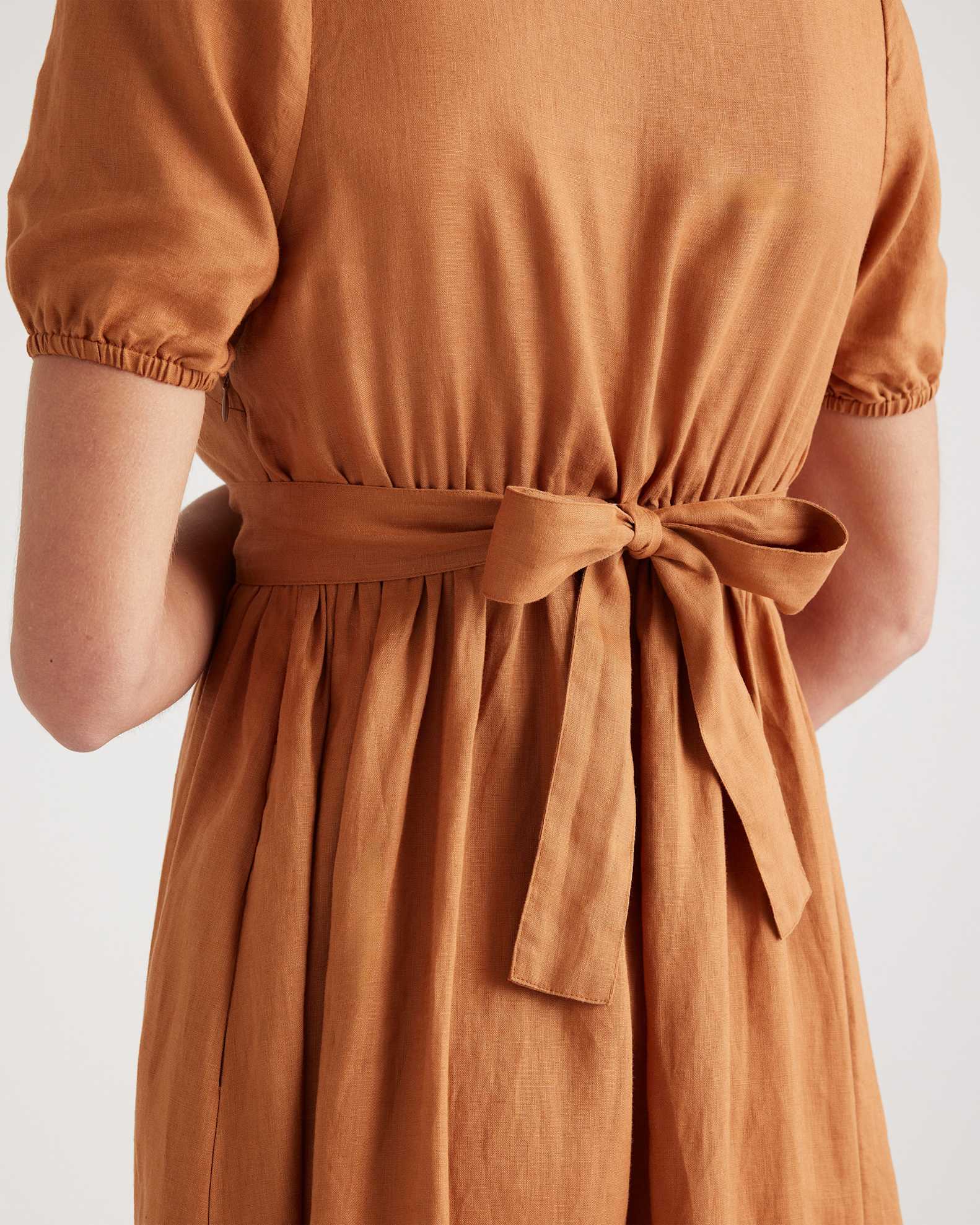 100% European Linen Maternity Short Sleeve Midi Dress in Terracotta