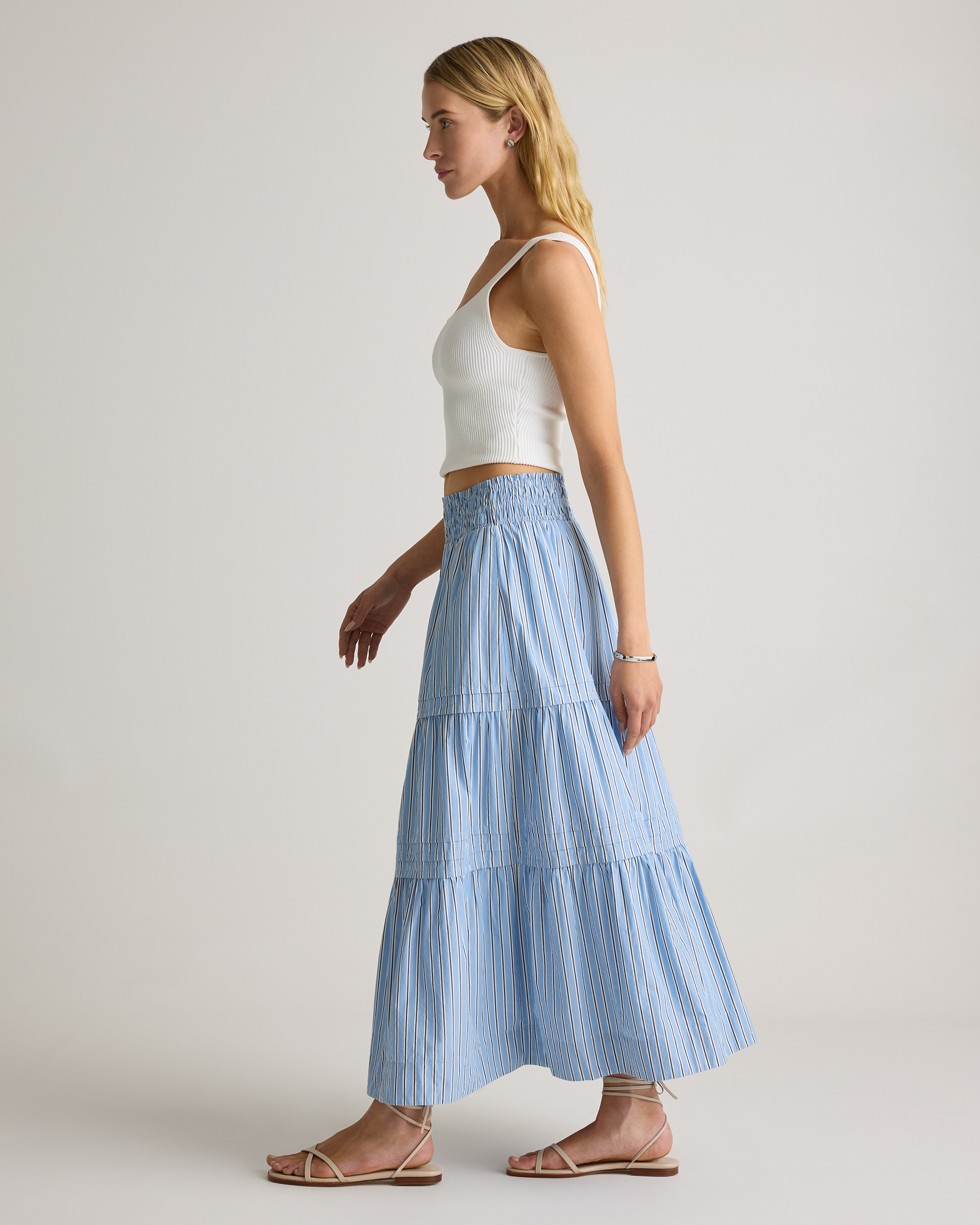 100% Organic Cotton Poplin Tiered Maxi Skirt in Tribeca Stripe