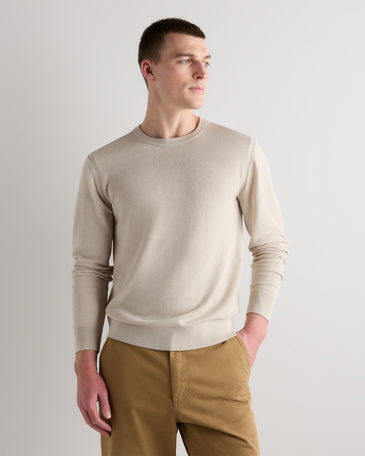 Speckled Beige Organic Cotton-Silk Pique Crewneck Sweater