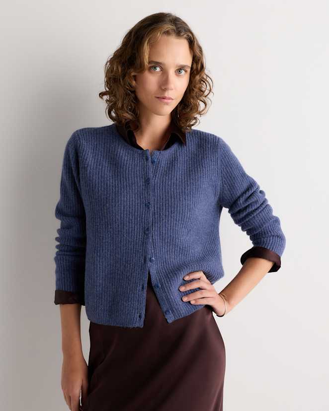 Heather Harbor Blue 100% Yak Soft Rib Crew Cardigan