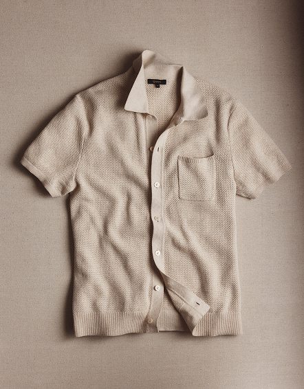 Speckled Beige 100% Organic Cotton Mesh-Stitch Button-Up Sweater Polo