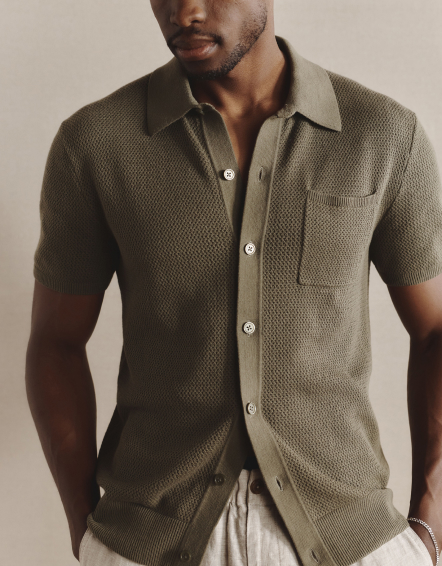 Bayberry Olive 100% Organic Cotton Mesh-Stitch Button-Up Sweater Polo