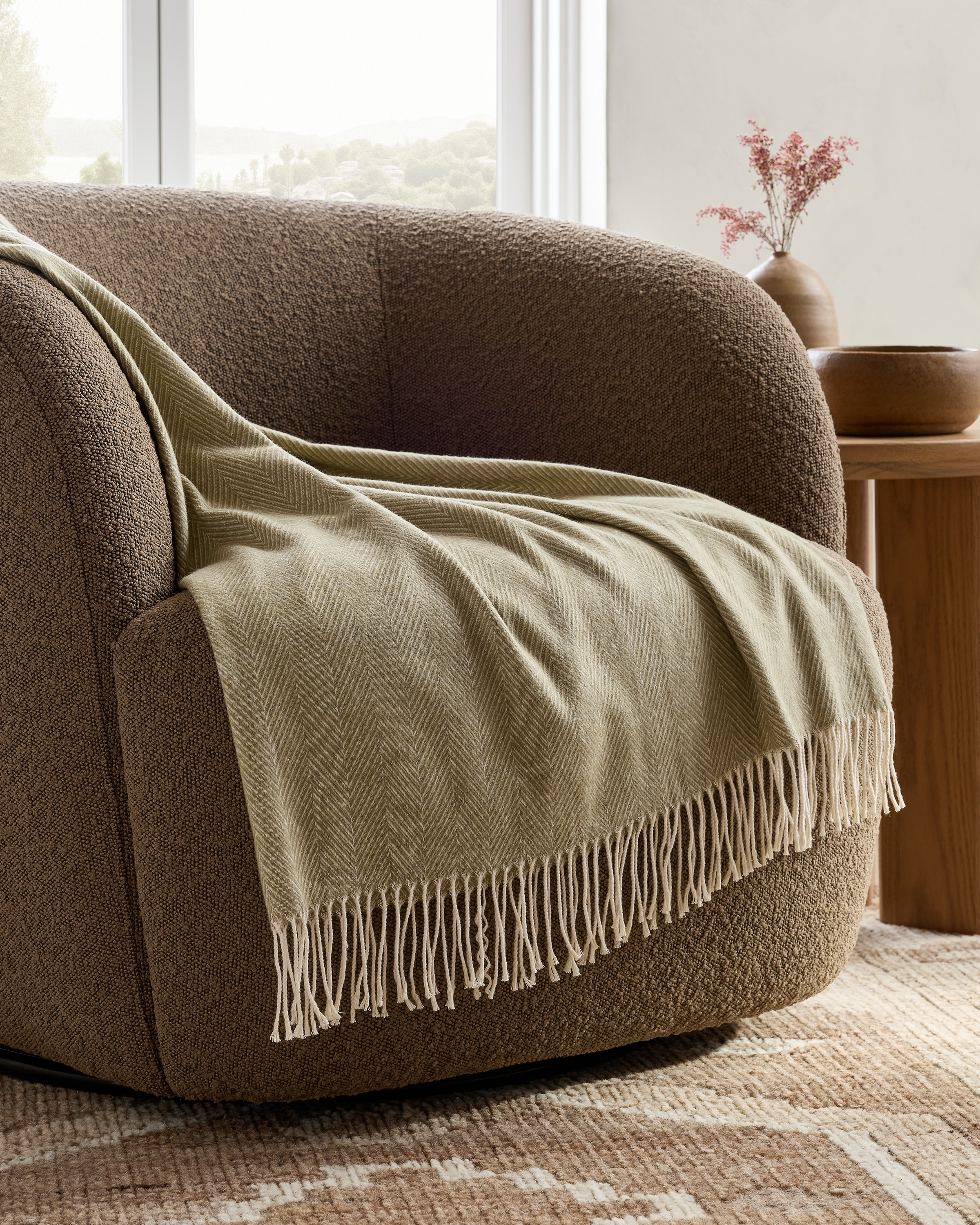 Washed Olive Lightweight Italian Cotton Herringbone Throw
