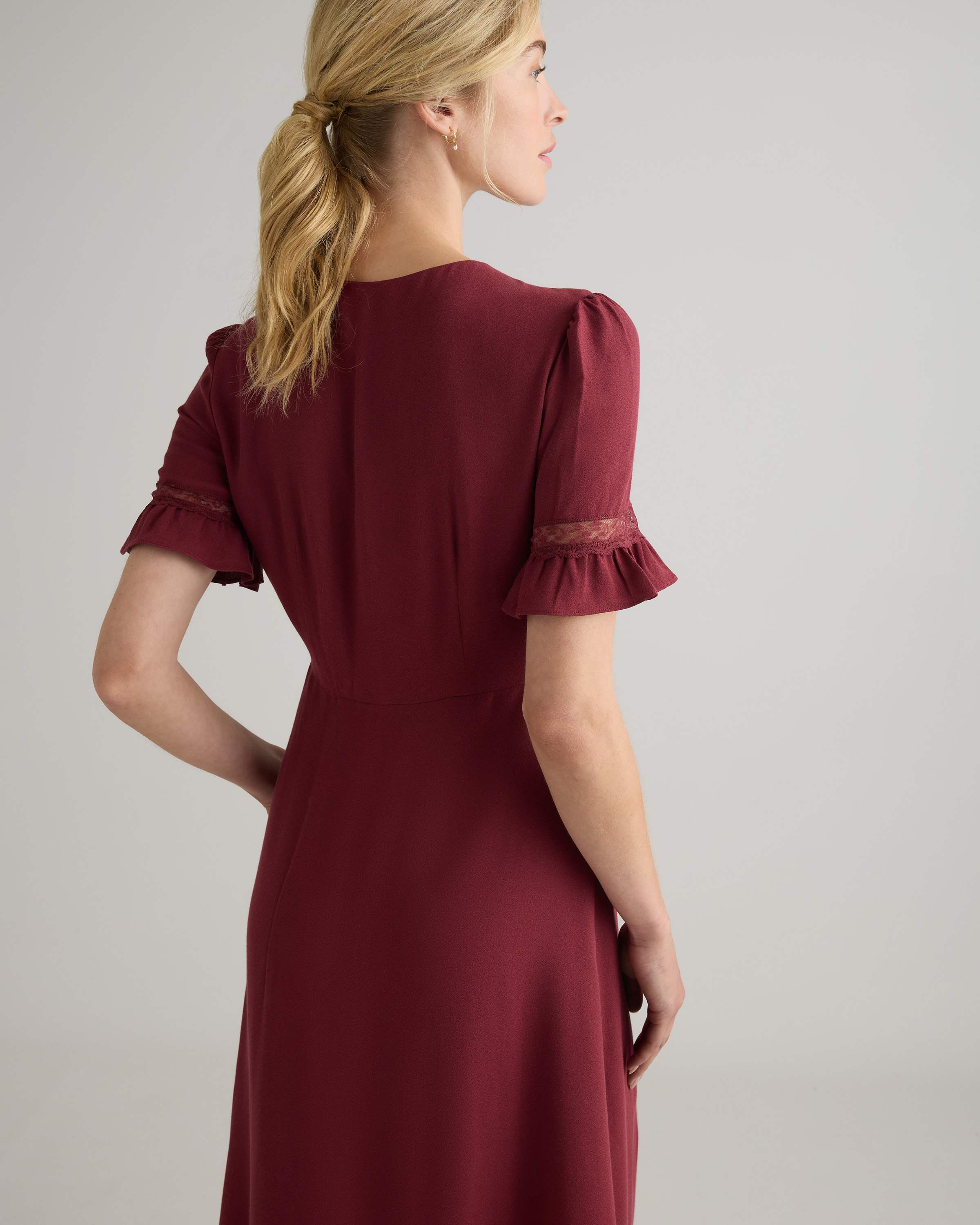 burgundy stretch crepe midi dress Jasmine Burgundy Lace Trim Crepe Midi Dress