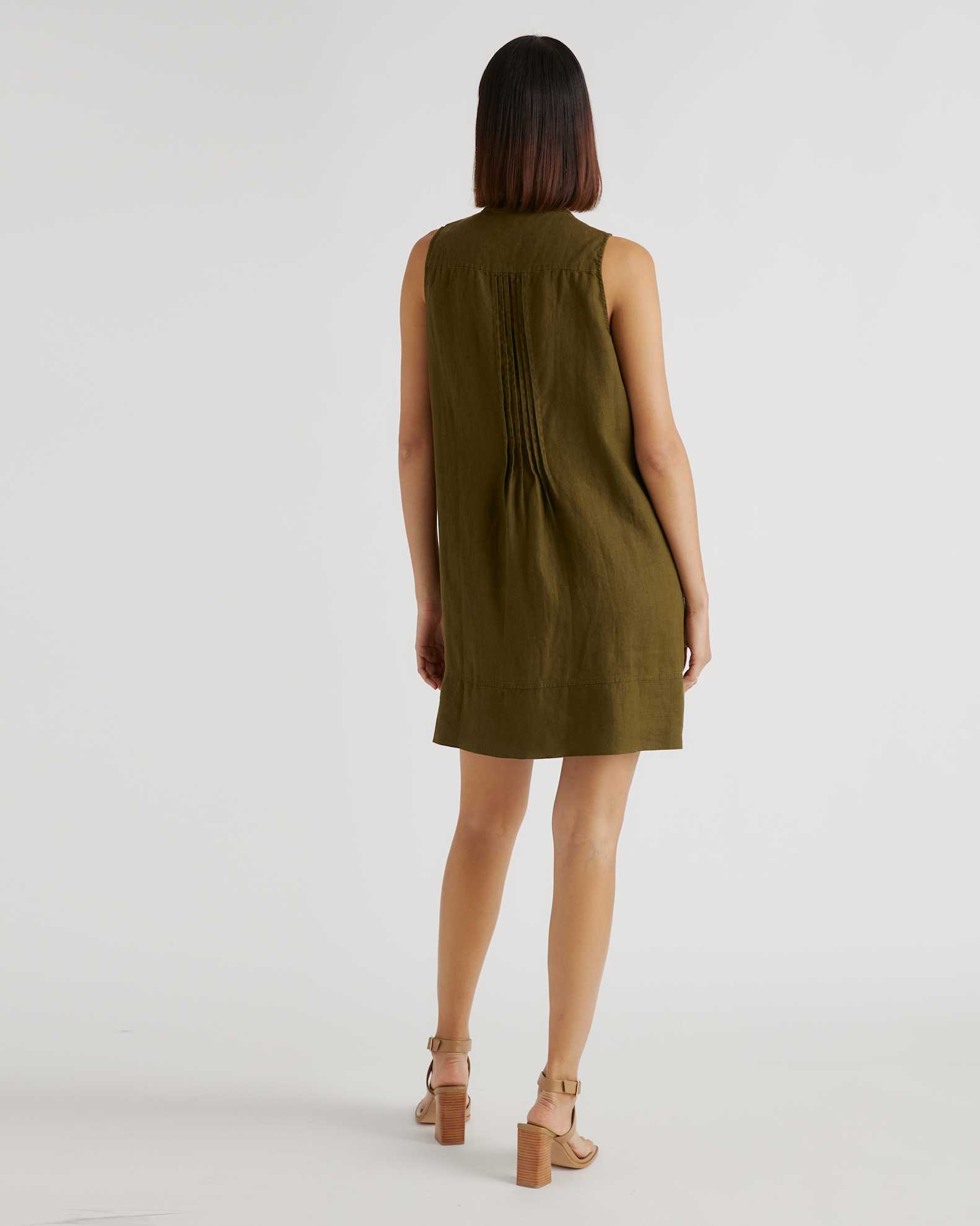 100% European Linen Sleeveless Swing Dress in Martini Olive 100% European Linen Sleeveless Swing Dress in Martini Olive
