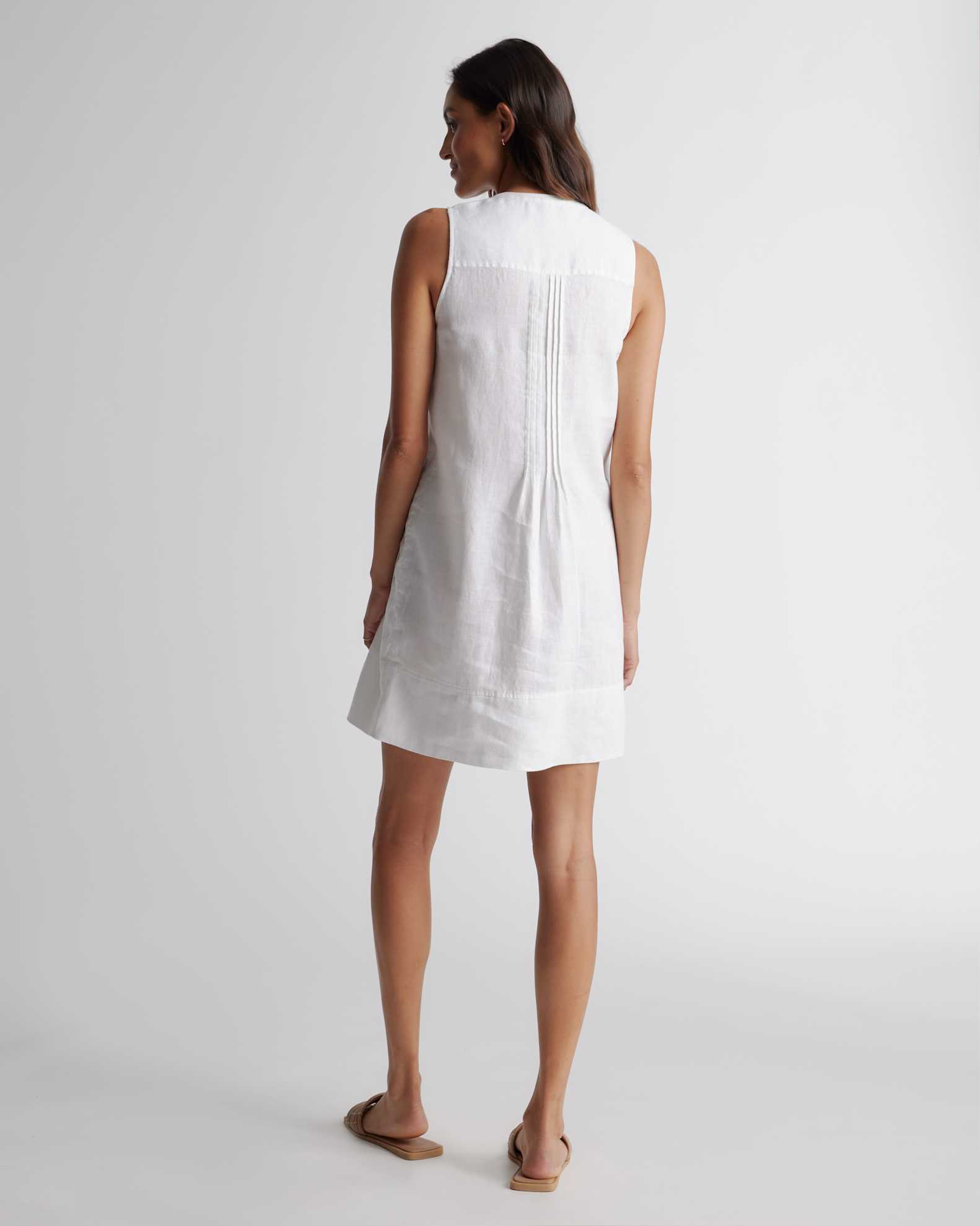 Quince Women's Sleeveless Swing Dress in White, Size XL - 100% European Linen with Pin-Tucking & Pleat Detailing Quince Women's Sleeveless Swing Dress in White, Size XL - 100% European Linen with Pin-Tucking & Pleat Detailing