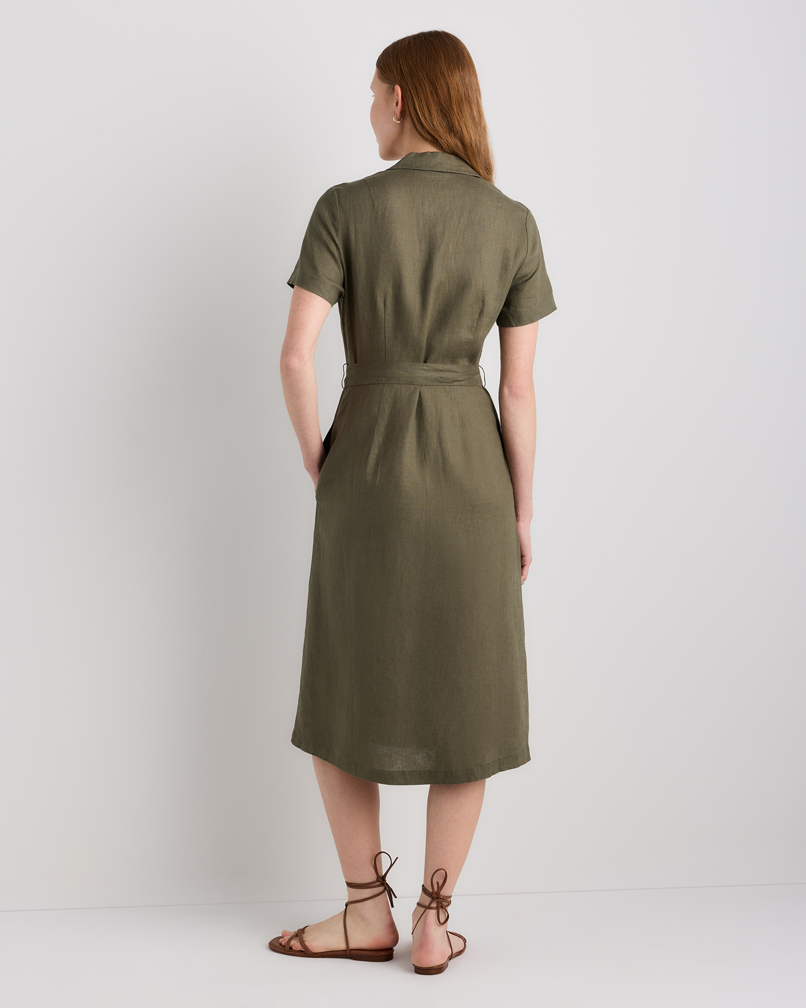 100% European Linen Button Front Dress in Bayberry Olive
