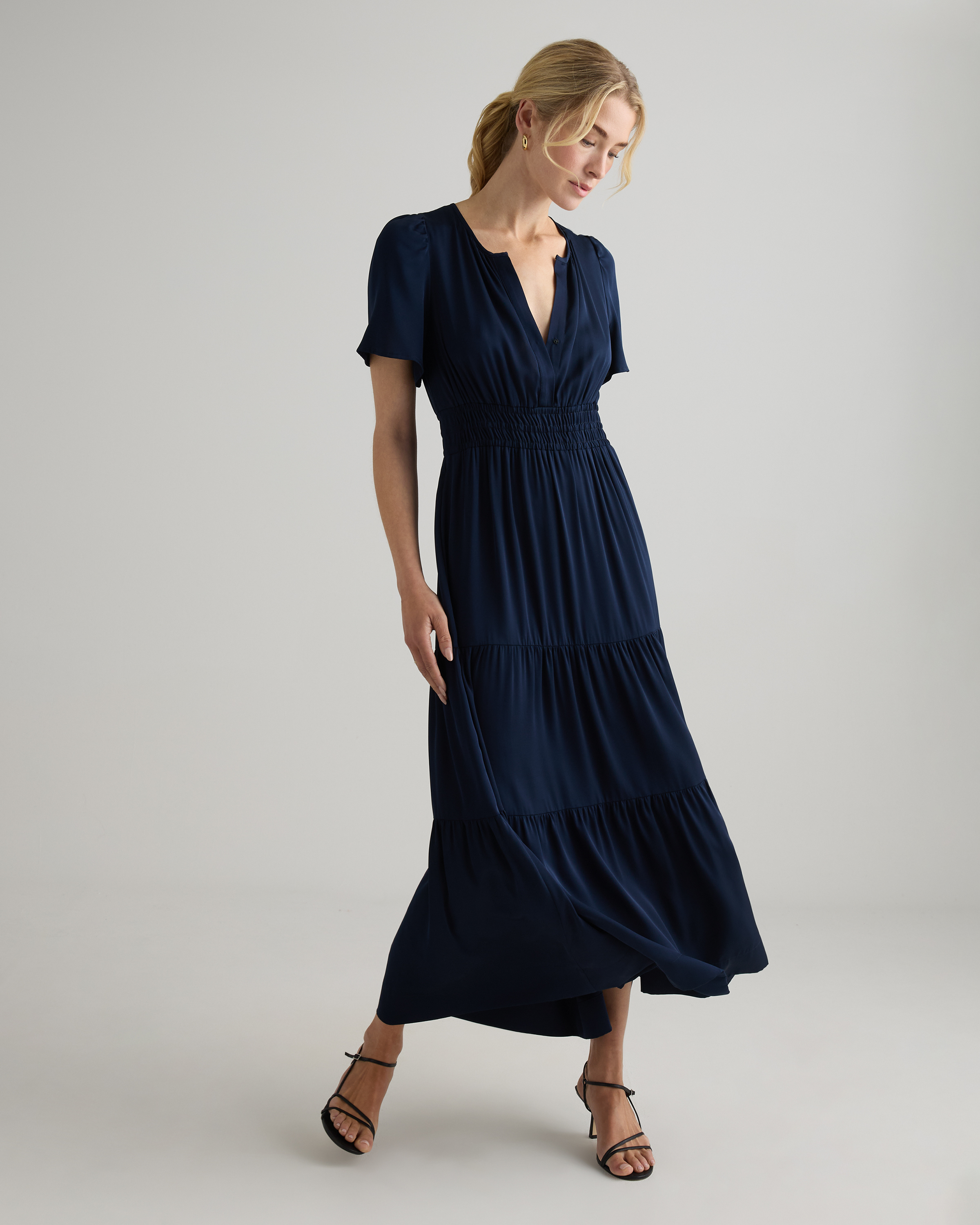 Washable Stretch Silk High Neck Midi Dress