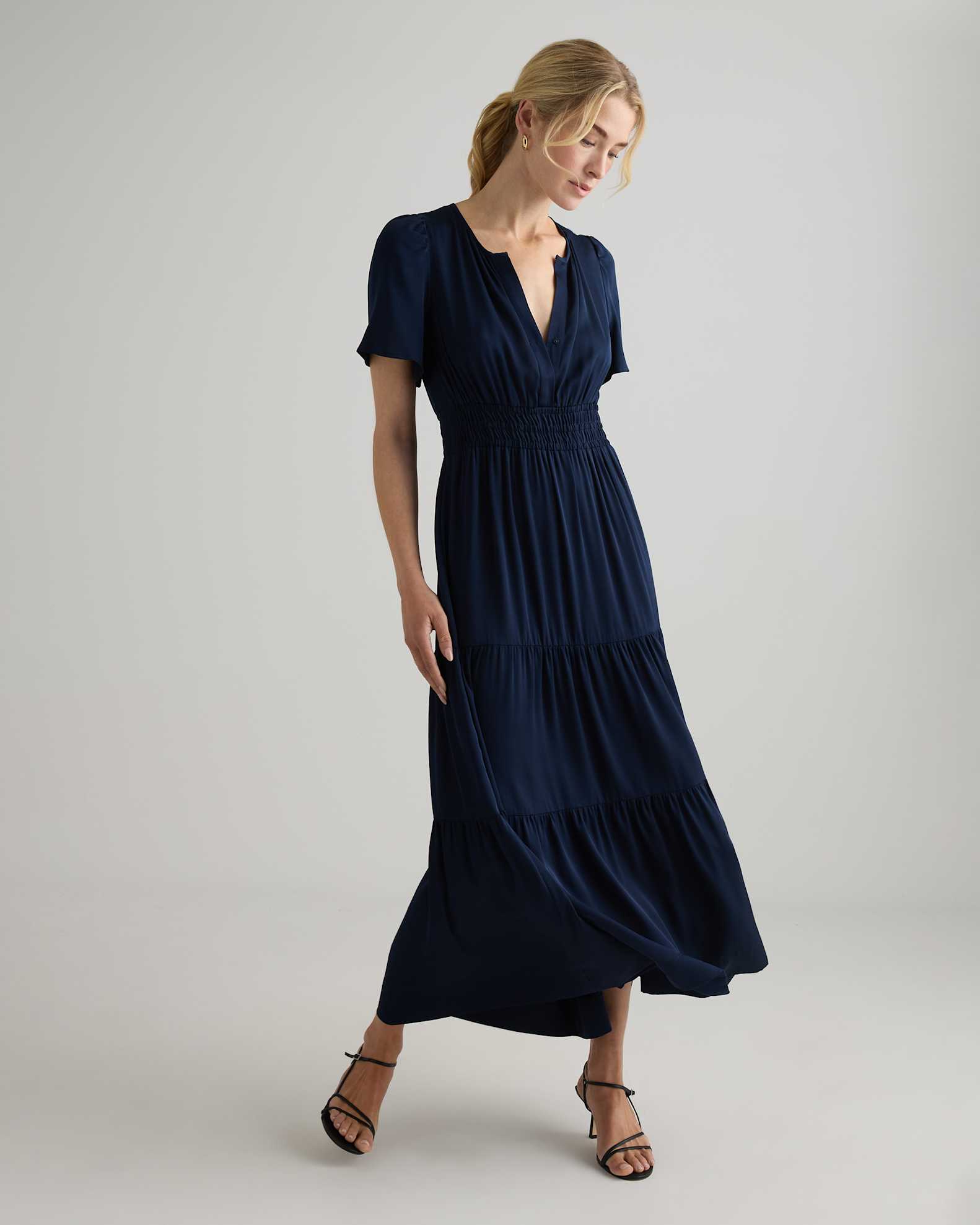 Washable Stretch Silk High Neck Midi Dress
