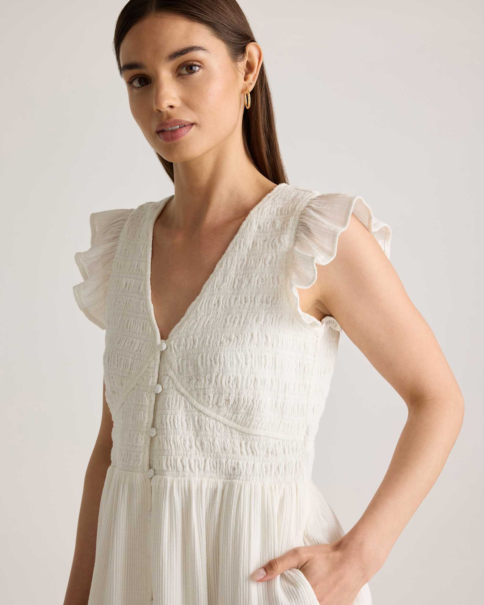 Quince Women's Organic Textured Cotton Smocked V-Neck Midi Dress, White, Size Small - Luxurious, Comfortable & Flattering Fit Quince Women's Organic Textured Cotton Smocked V-Neck Midi Dress, White, Size Small - Luxurious, Comfortable & Flattering Fit
