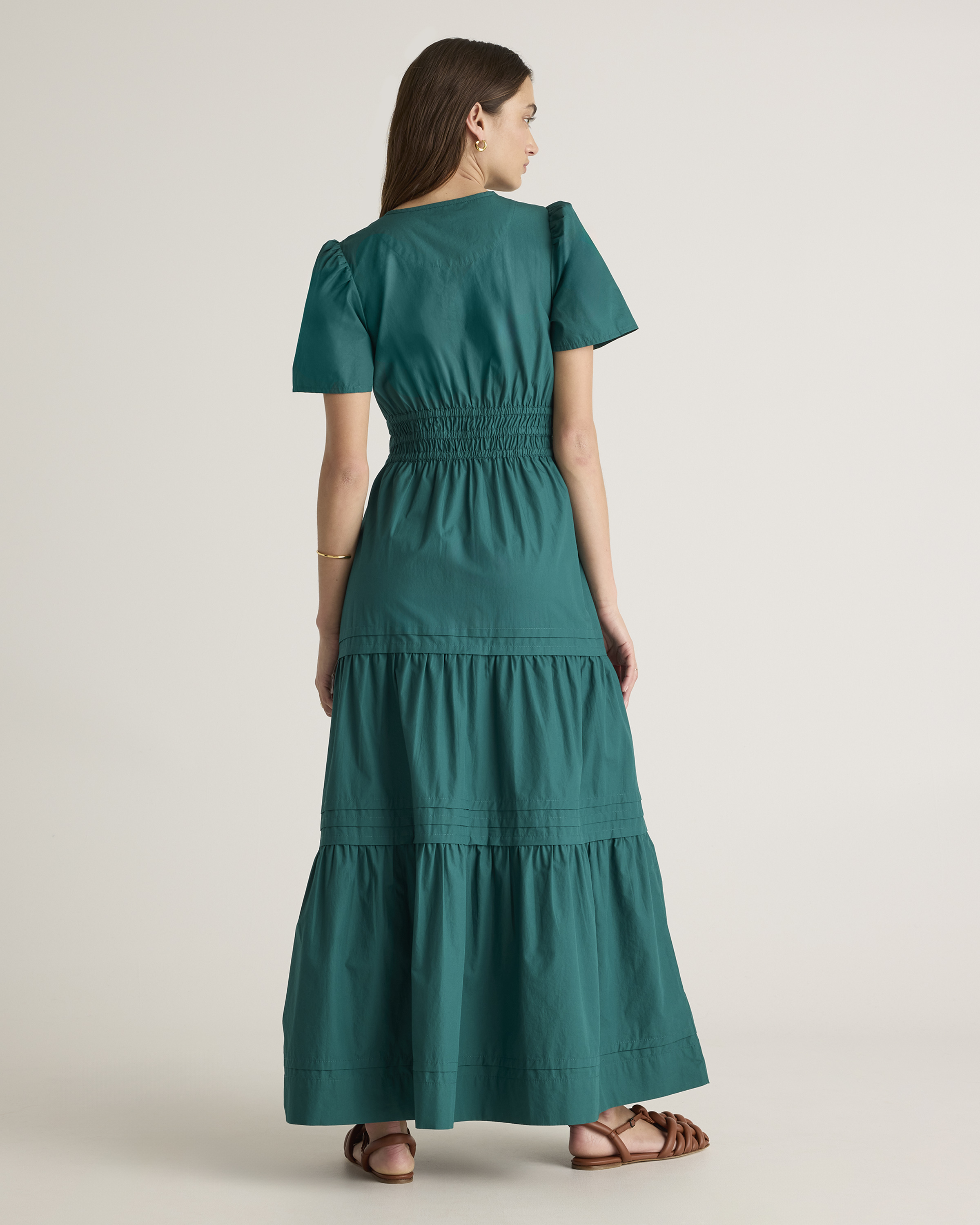 Quince Women's Poplin Tiered Maxi Dress, Garden Green, Medium Size - 100% Organic Cotton, V-Neck, Short Sleeves, Pocketed