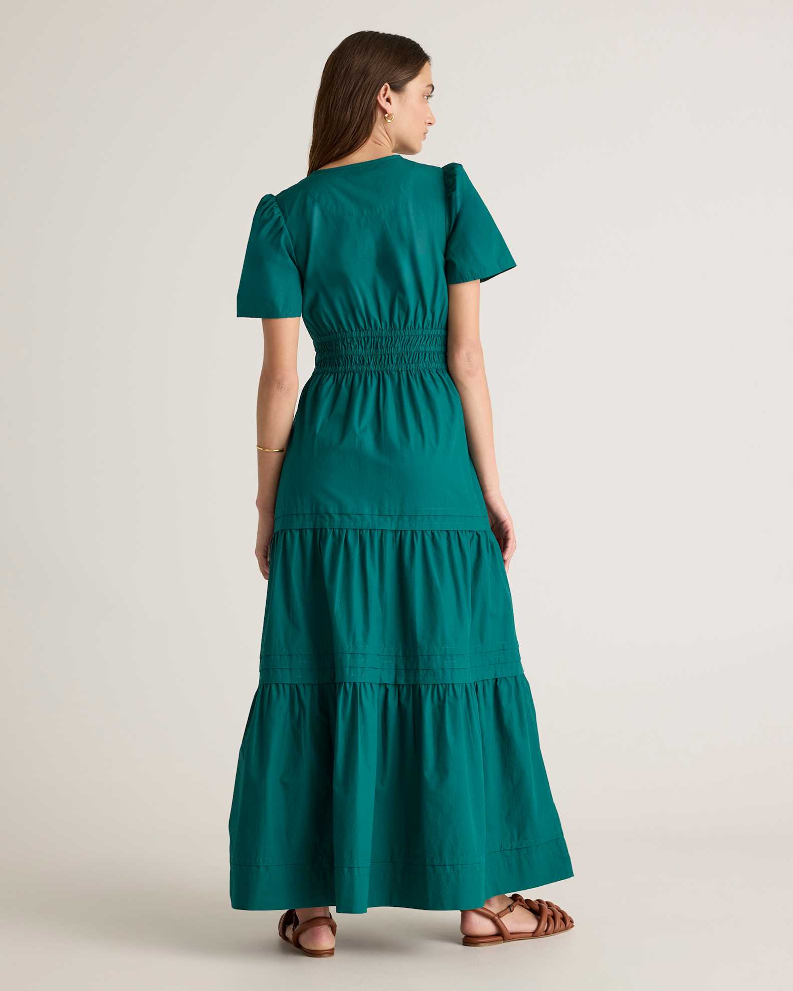 Quince Women's Poplin Tiered Maxi Dress, Garden Green, Medium Size - 100% Organic Cotton, V-Neck, Short Sleeves, Pocketed Quince Women's Poplin Tiered Maxi Dress, Garden Green, Medium Size - 100% Organic Cotton, V-Neck, Short Sleeves, Pocketed