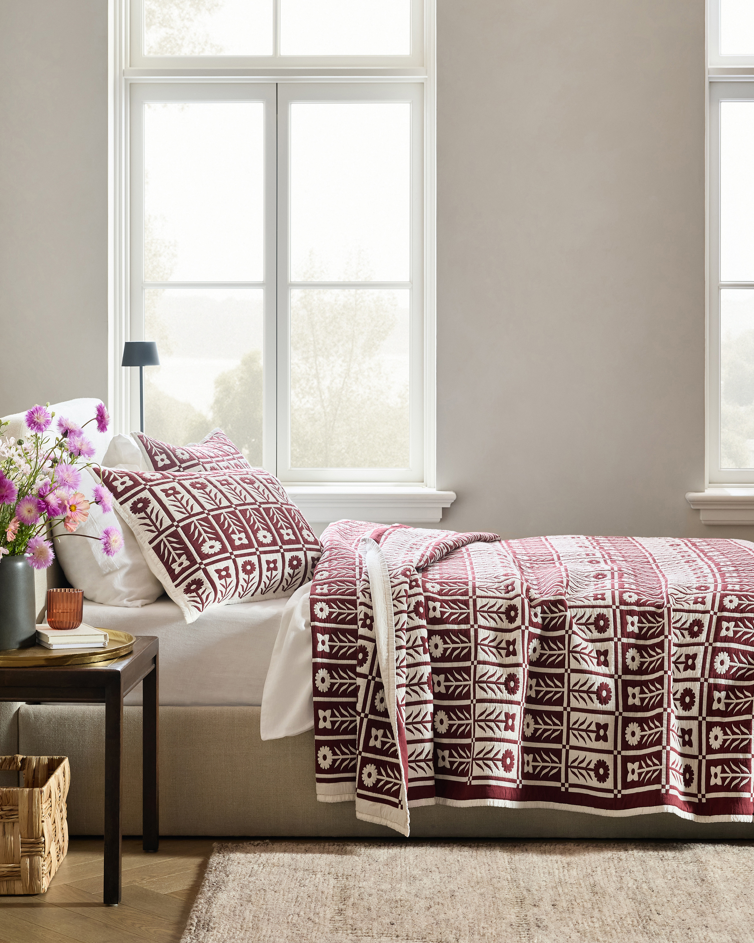 Burgundy Organic Cotton Jacquard Floral Coverlet