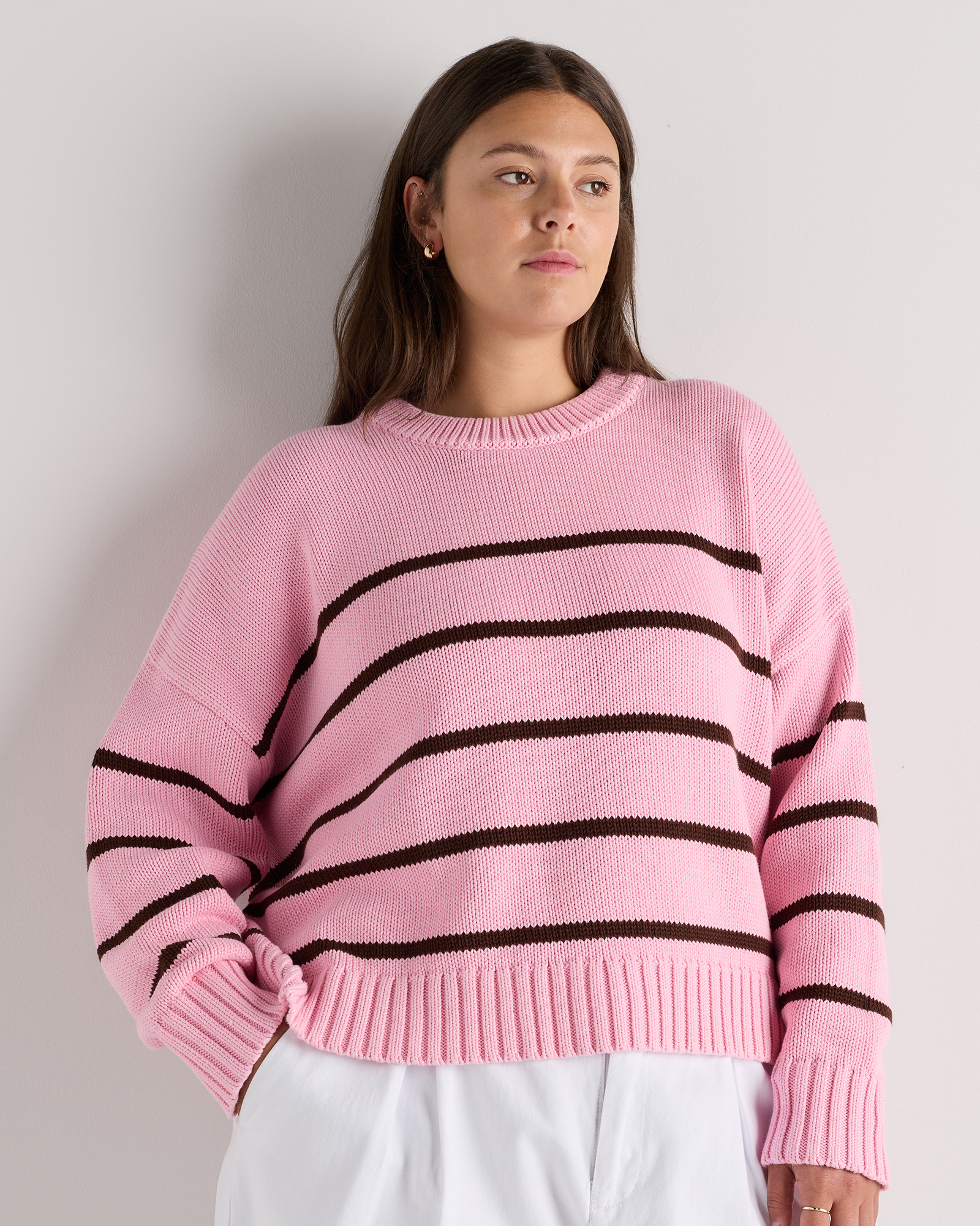 Bubblegum/Fudge Mariner Stripe Women's Plus Size 100% Organic Cotton Striped Crew Sweater