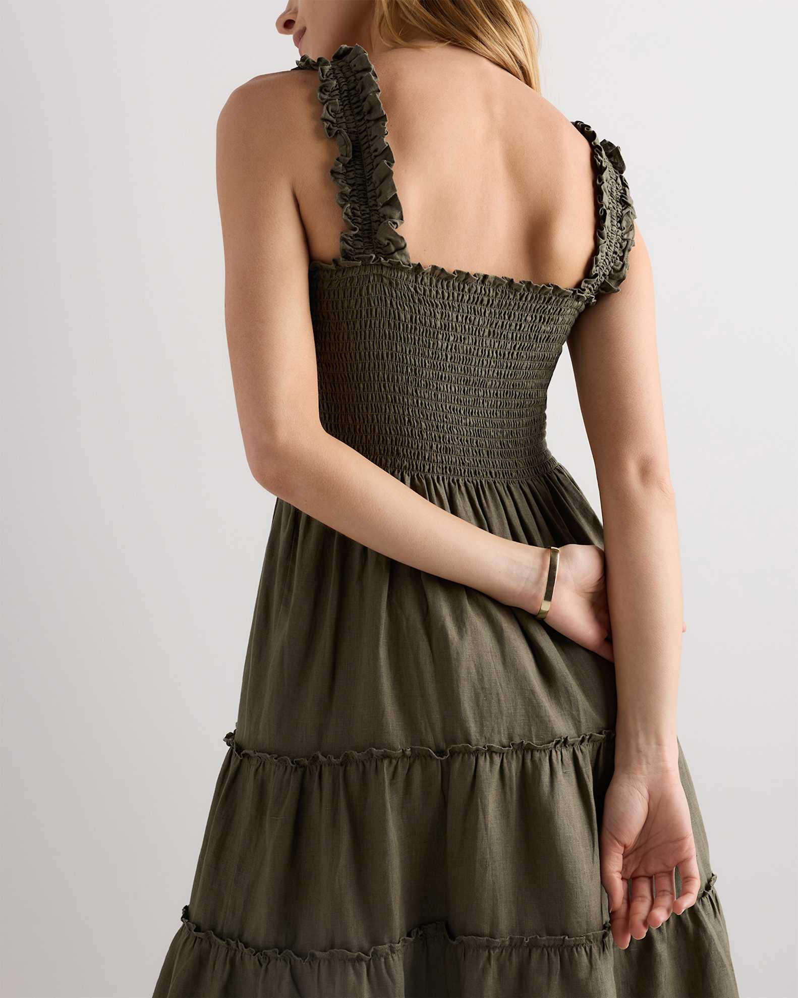 100% European Linen Smocked Midi Dress in Bayberry Olive 100% European Linen Smocked Midi Dress in Bayberry Olive