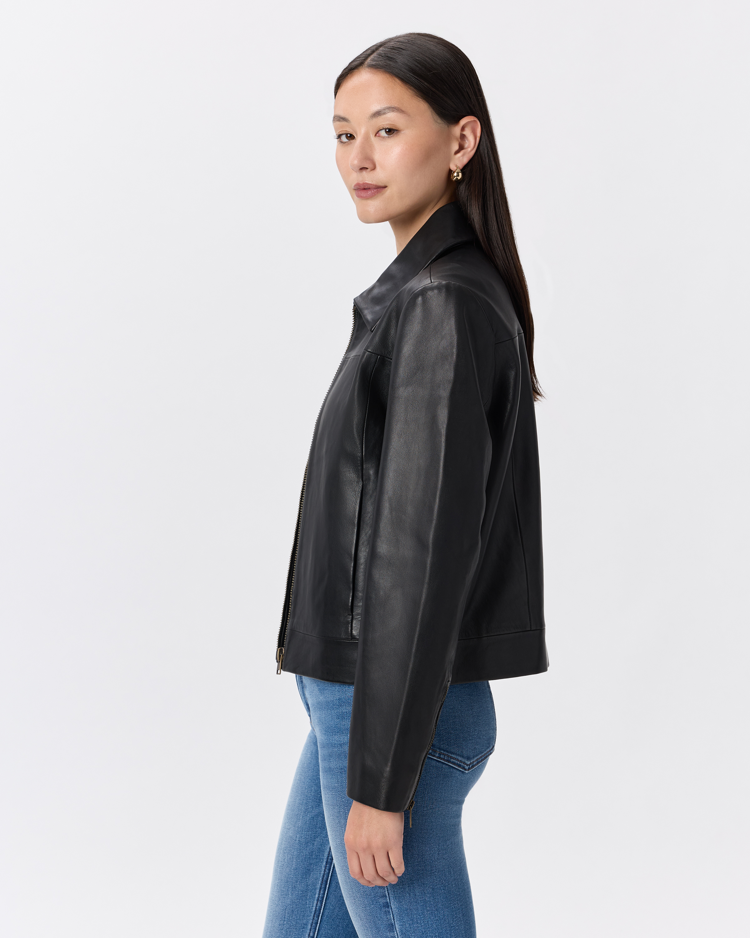 100% Leather Cropped Zip-Front Jacket