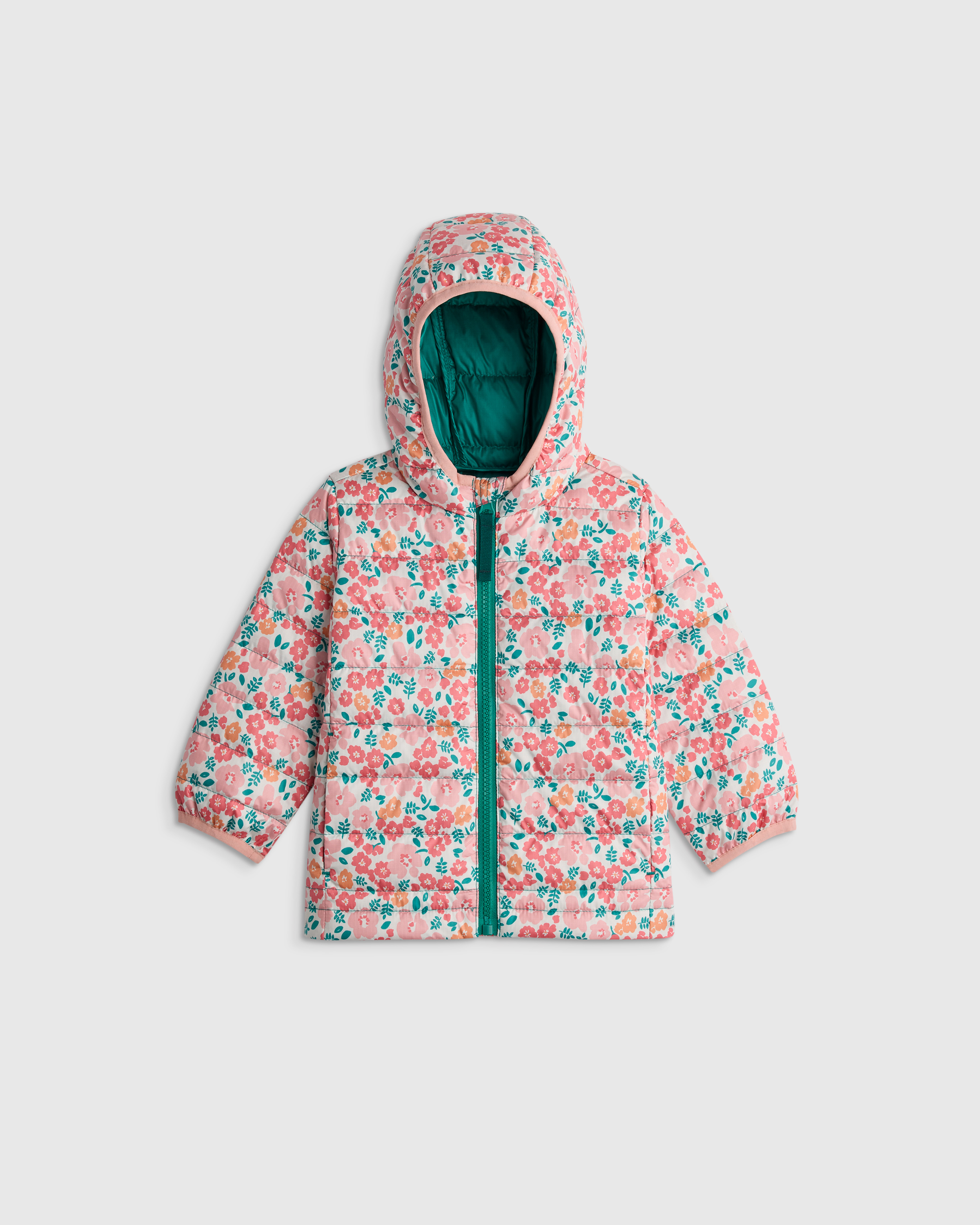 Pink/Green Floral Blouson matelassé en duvet léger à capuche