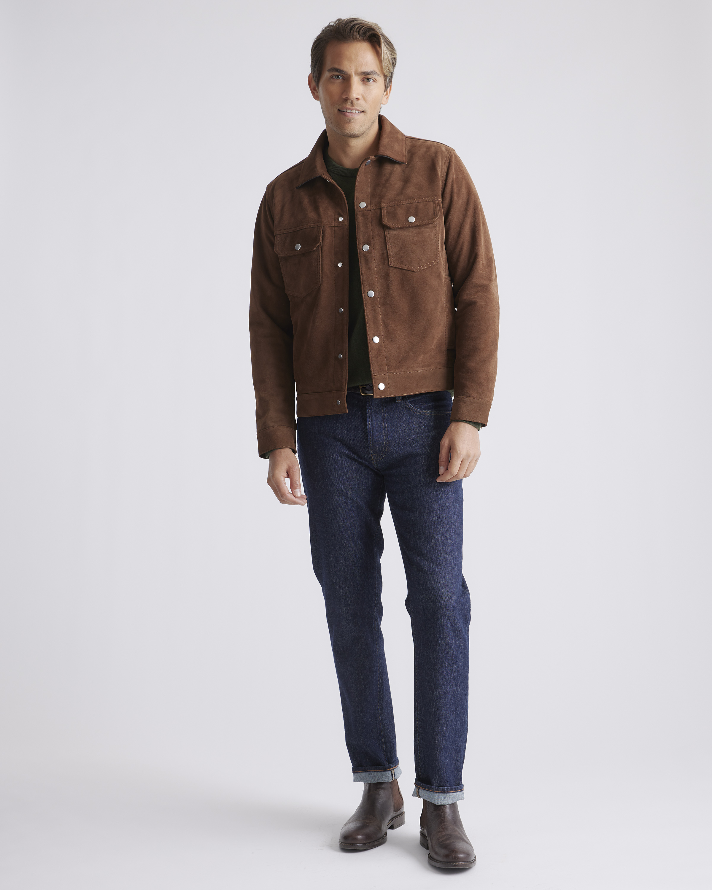 Suede Trucker Jacket | Quince in Dark Chestnut