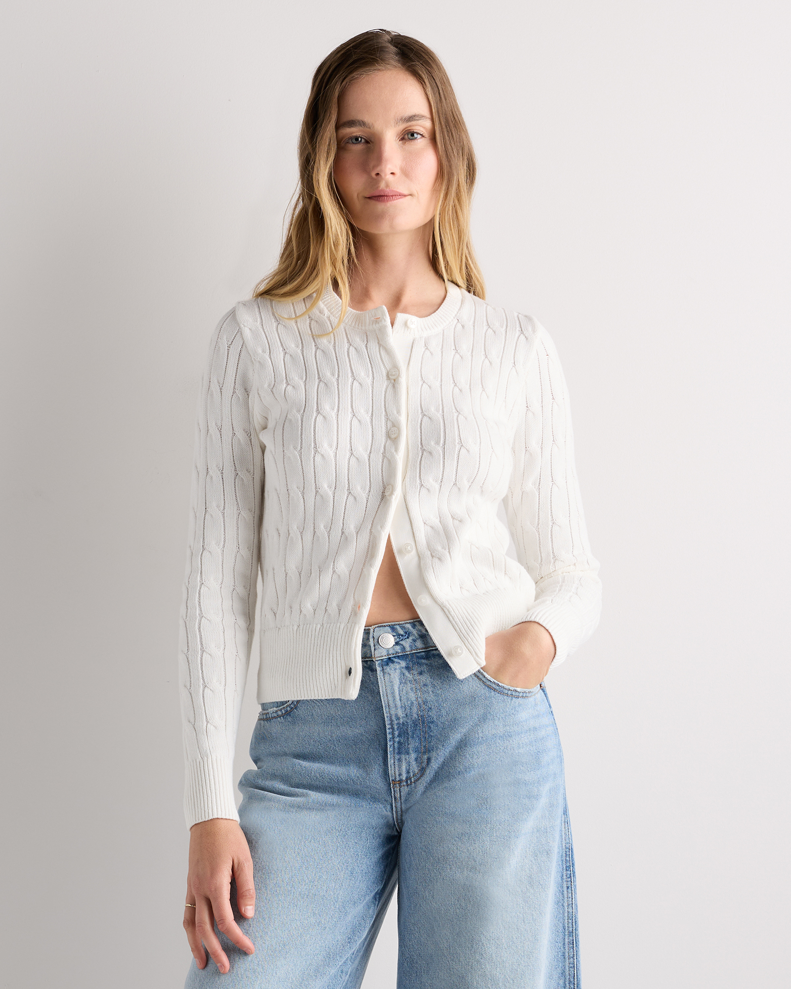 Ivory 100% Organic Cotton Cable Crew Cardigan