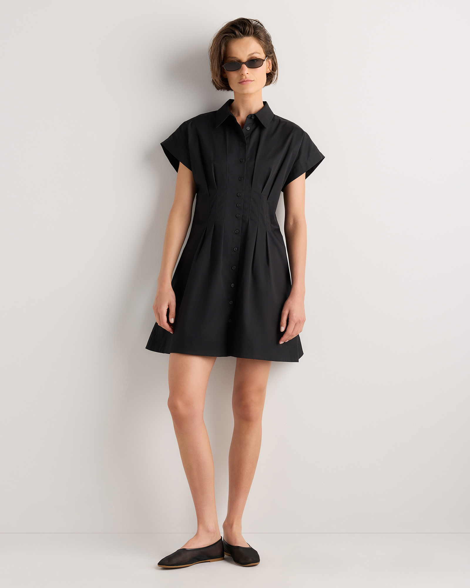 Stretch Twill Pleated Mini Shirt Dress in Black