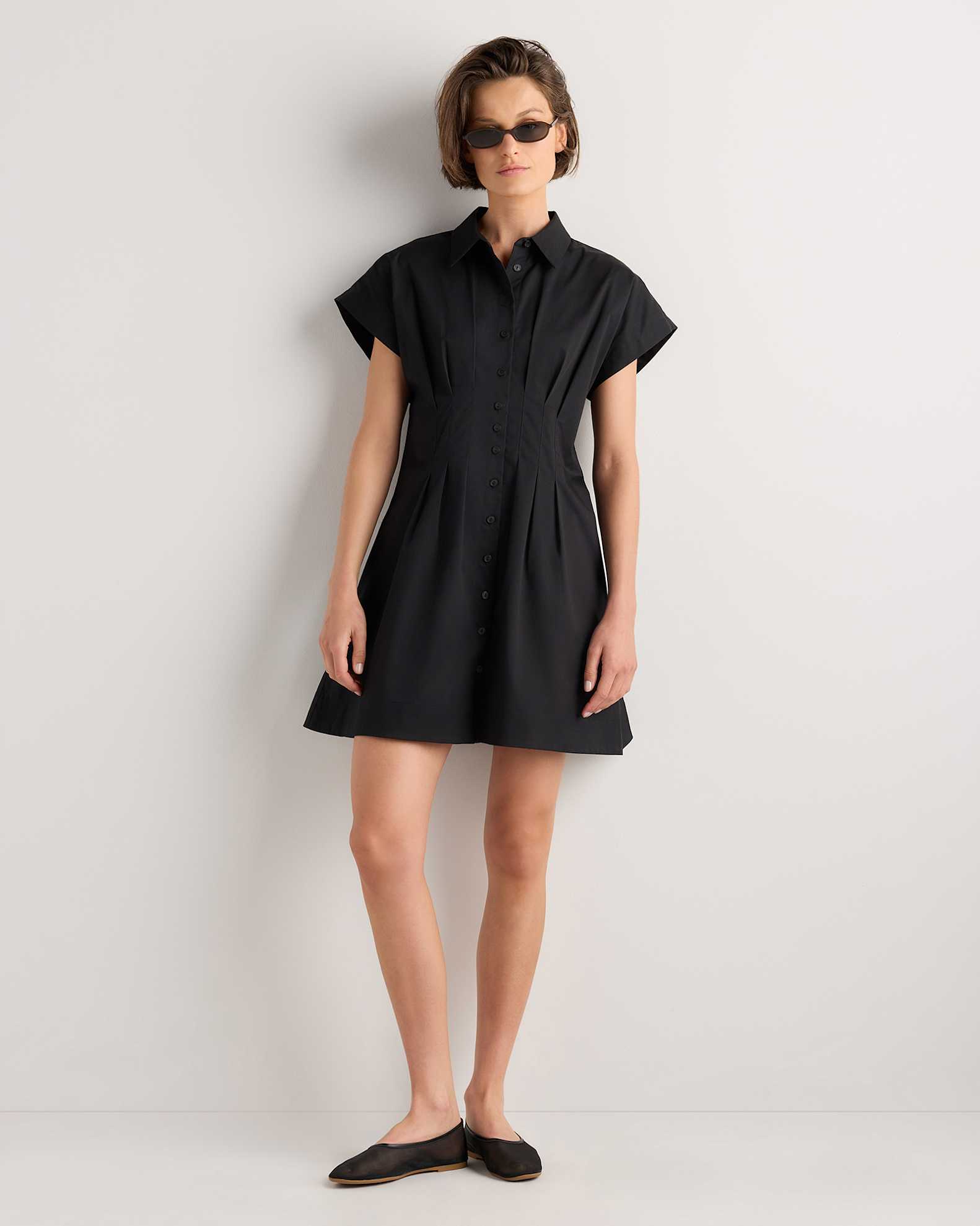 Stretch Twill Pleated Mini Shirt Dress in Black Stretch Twill Pleated Mini Shirt Dress in Black