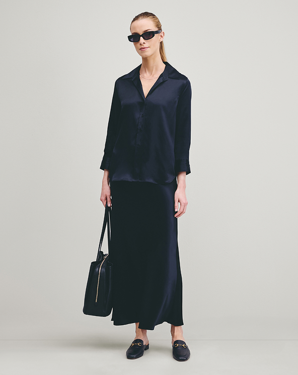 Black 100% Washable Silk Maxi Skirt